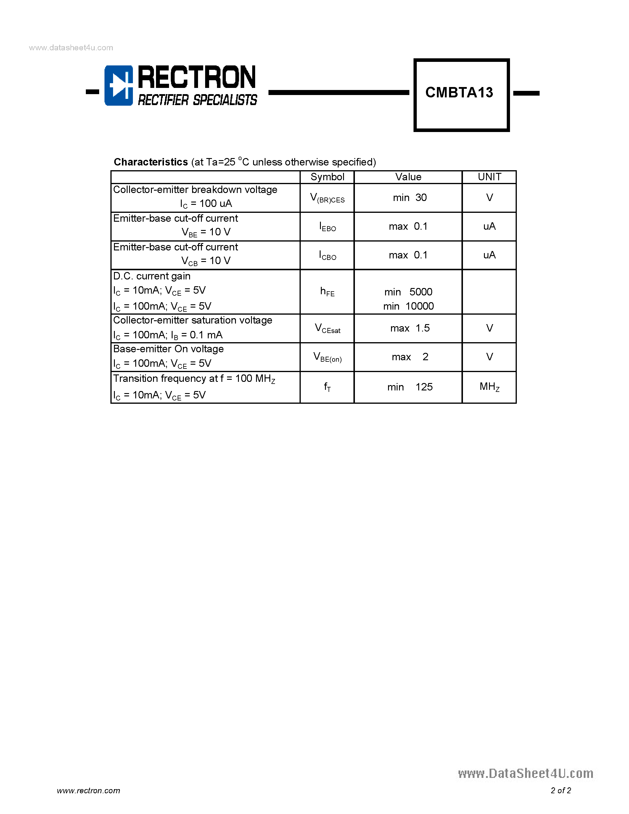 Даташит CMBTA13 - NPN Small-Signal Darlington Transistors страница 2