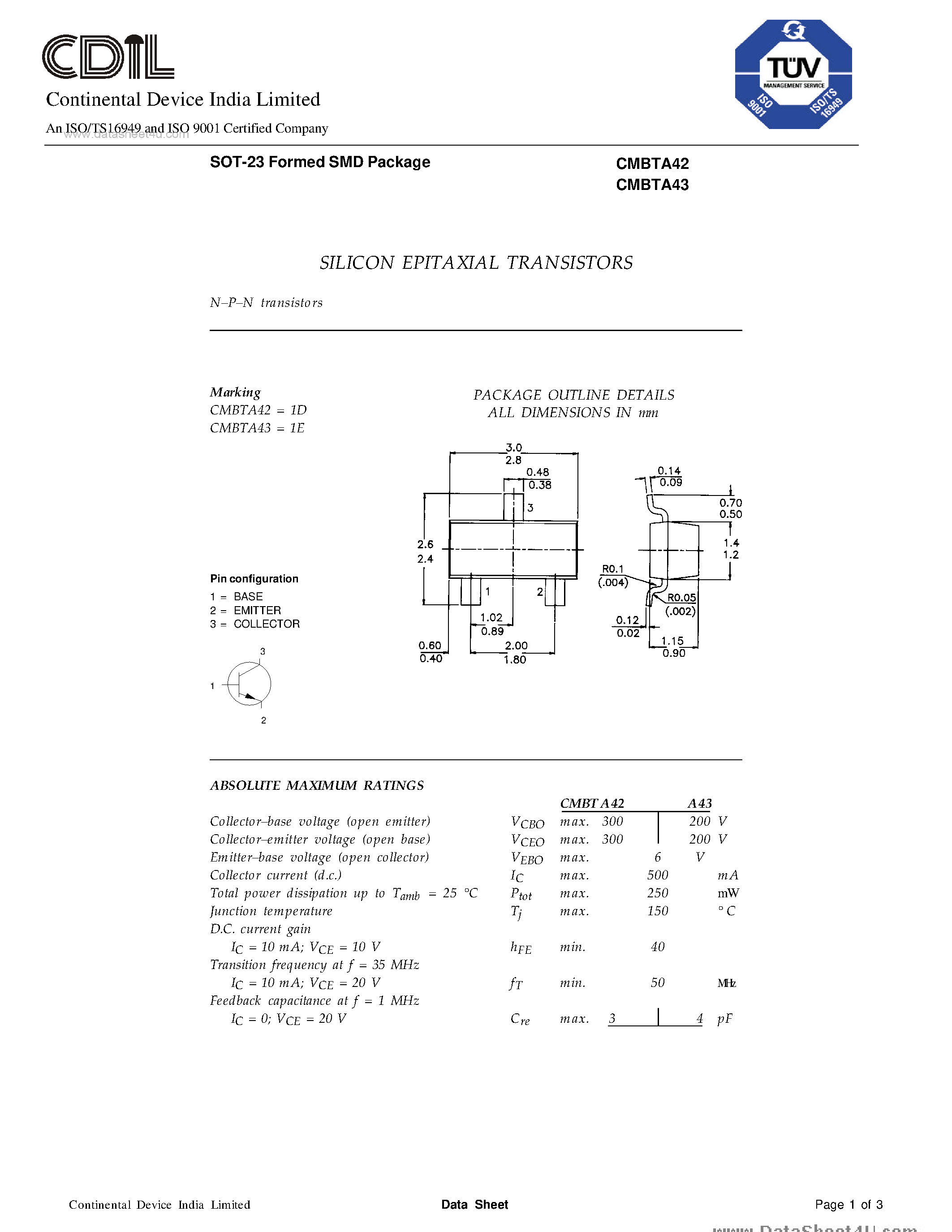 Даташит CMBTA42 - (CMBTA42 / CMBTA43) TRANSISTORS страница 1