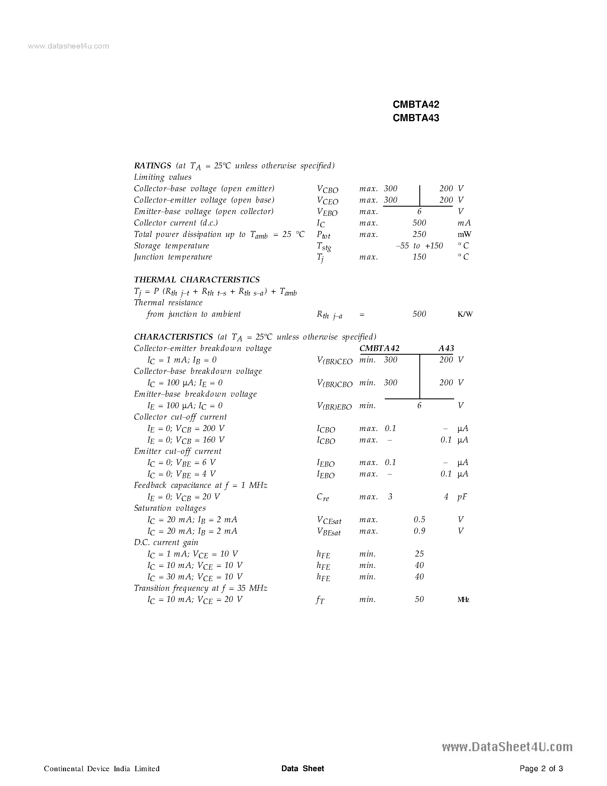 Даташит CMBTA42 - (CMBTA42 / CMBTA43) TRANSISTORS страница 2