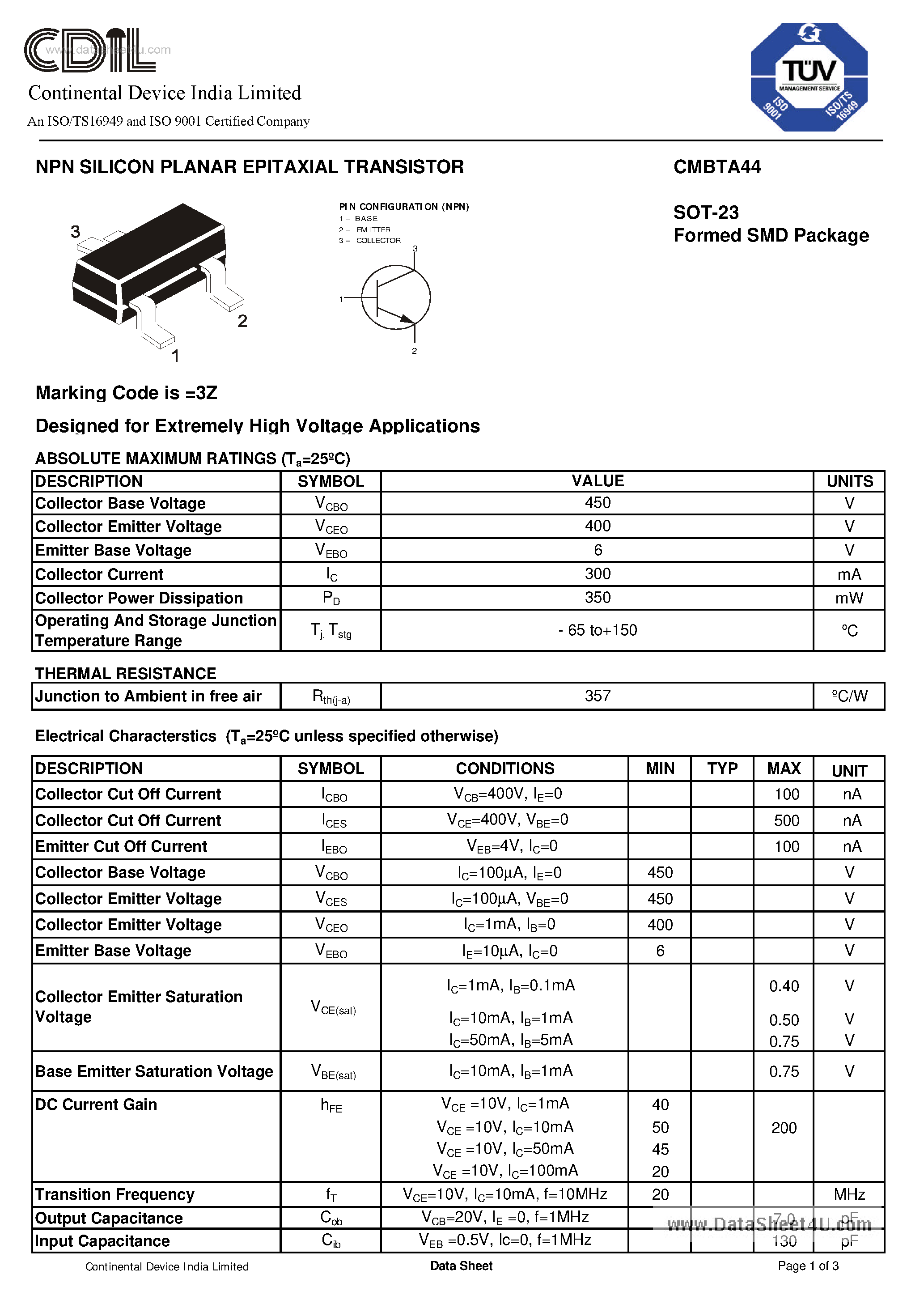 Даташит CMBTA44 - TRANSISTORS страница 1