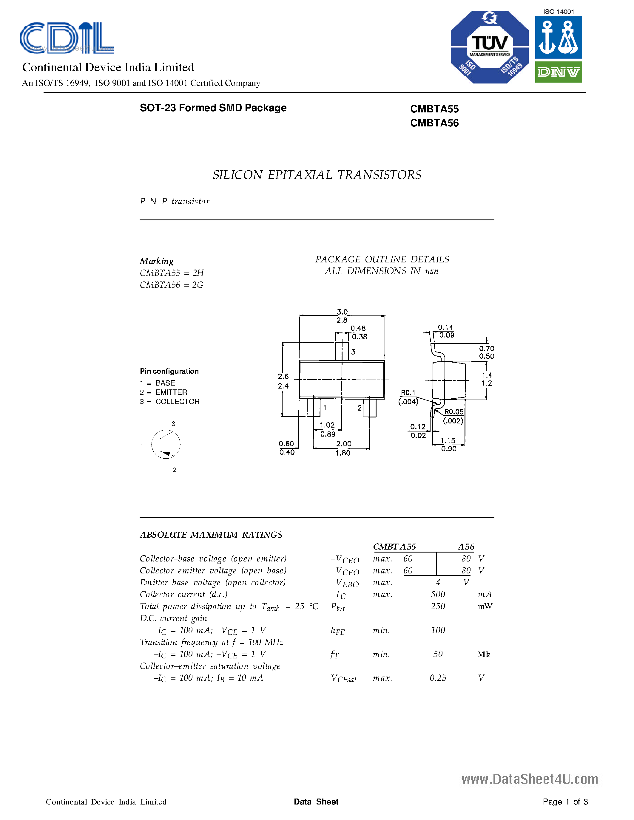 Даташит CMBTA55 - (CMBTA55 / CMBTA56) TRANSISTORS страница 1