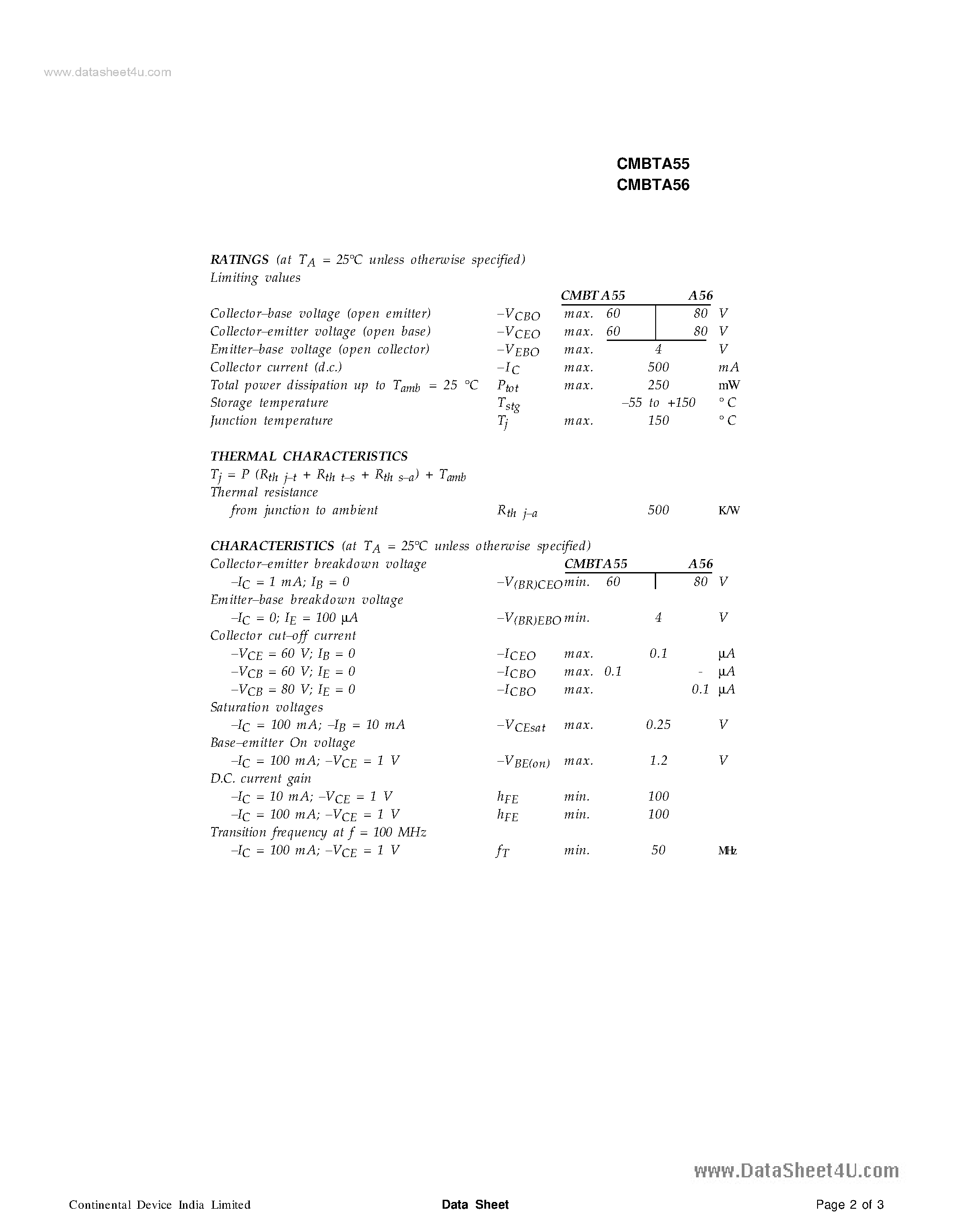 Даташит CMBTA55 - (CMBTA55 / CMBTA56) TRANSISTORS страница 2