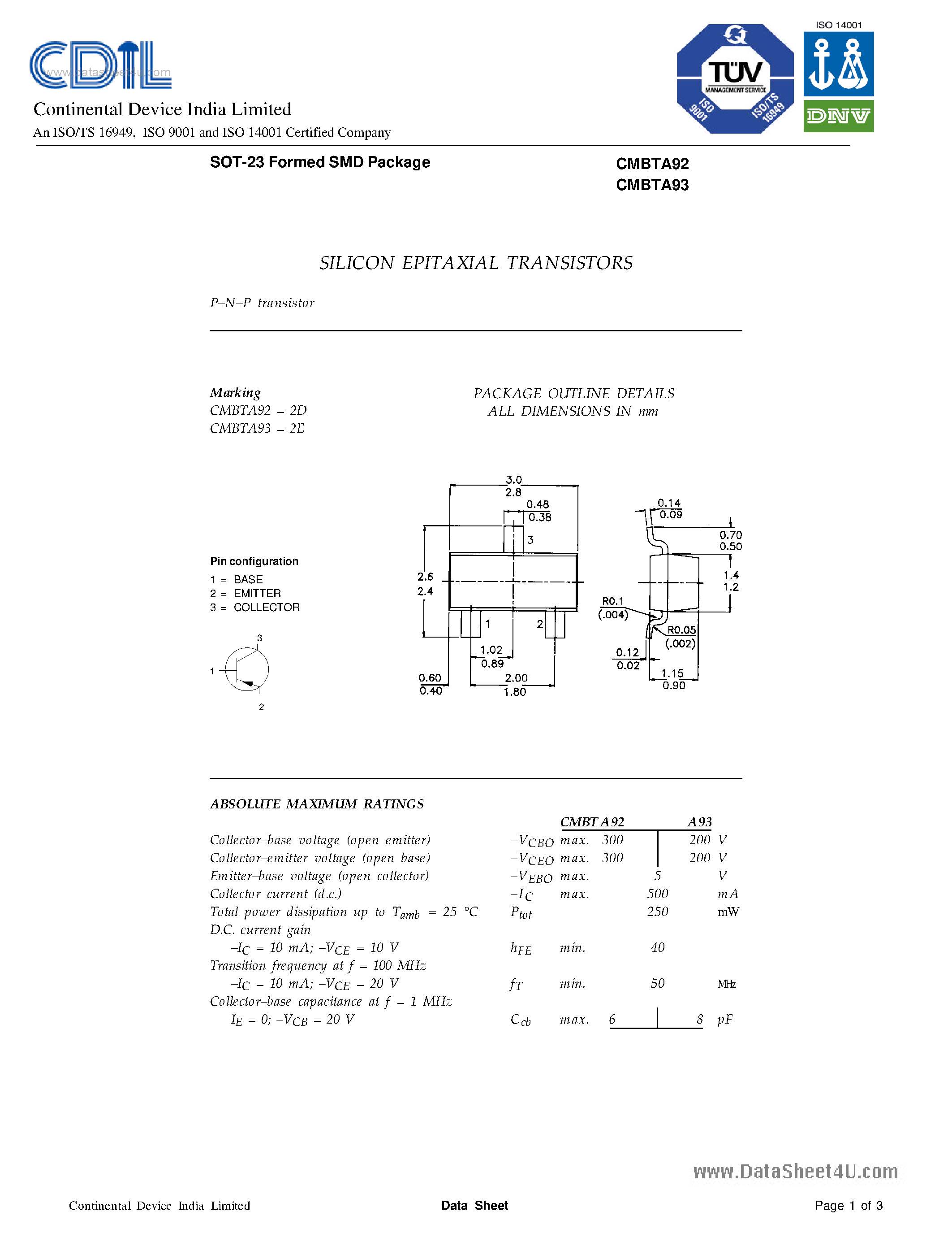 Даташит CMBTA92 - (CMBTA92 / CMBTA93) TRANSISTORS страница 1