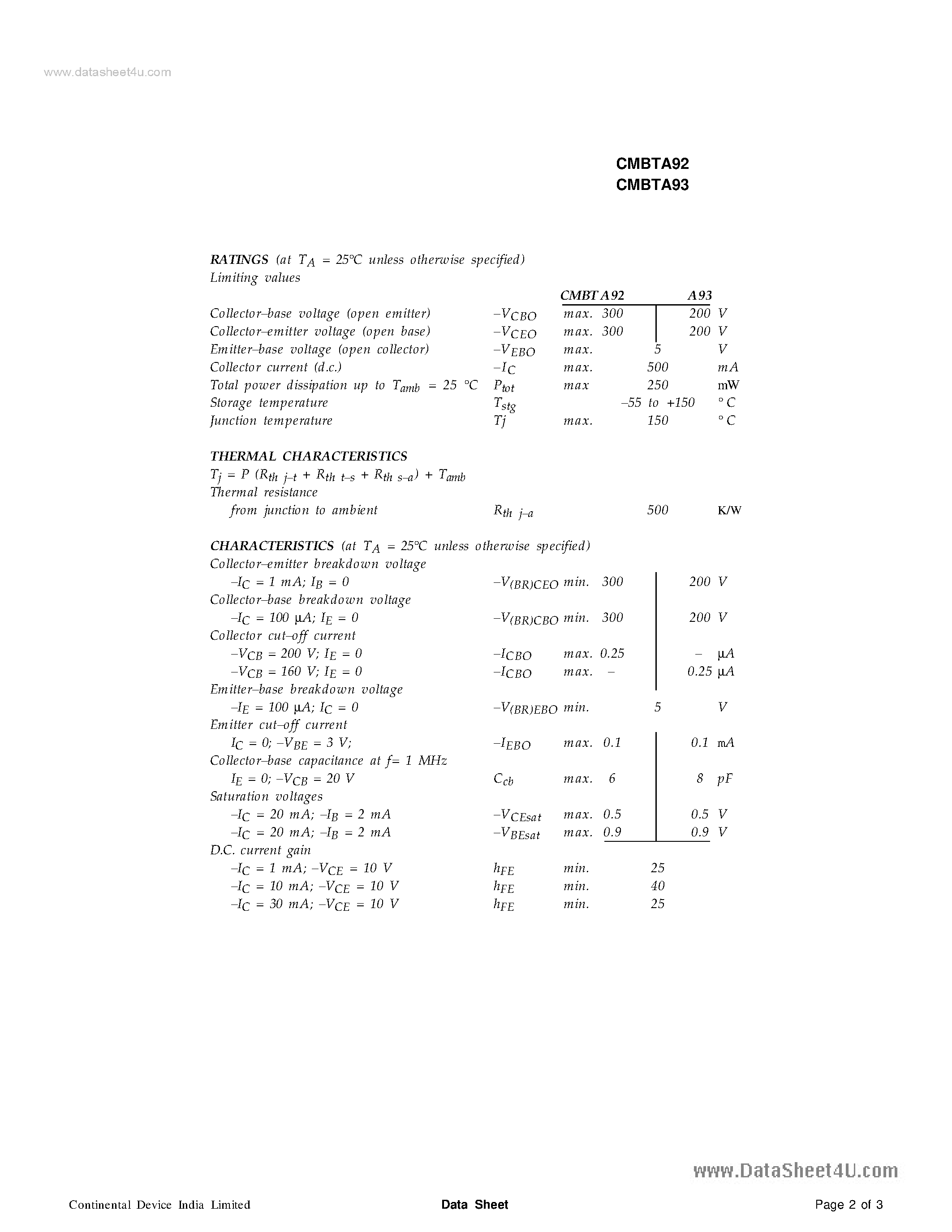 Даташит CMBTA92 - (CMBTA92 / CMBTA93) TRANSISTORS страница 2