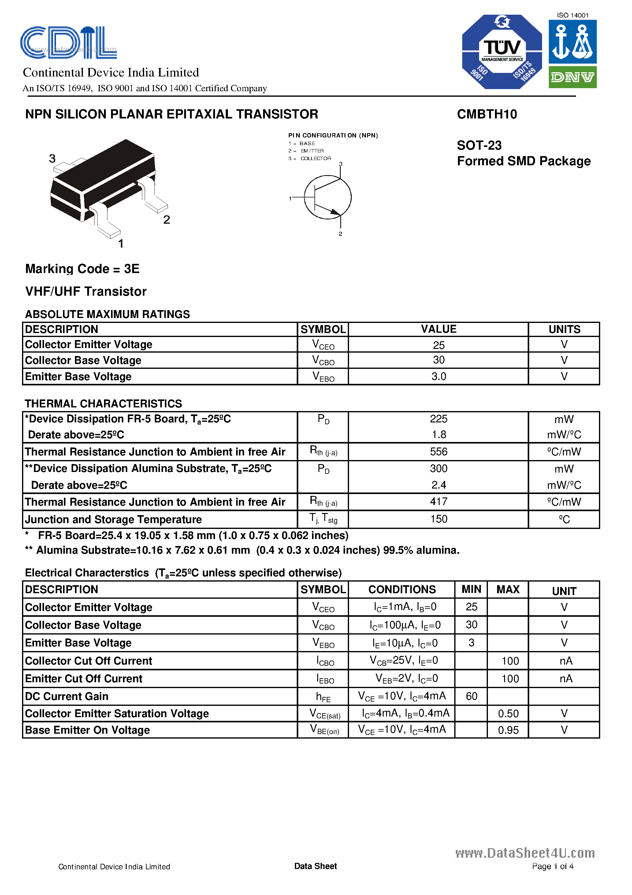 Даташит CMBTH10 - TRANSISTORS страница 1
