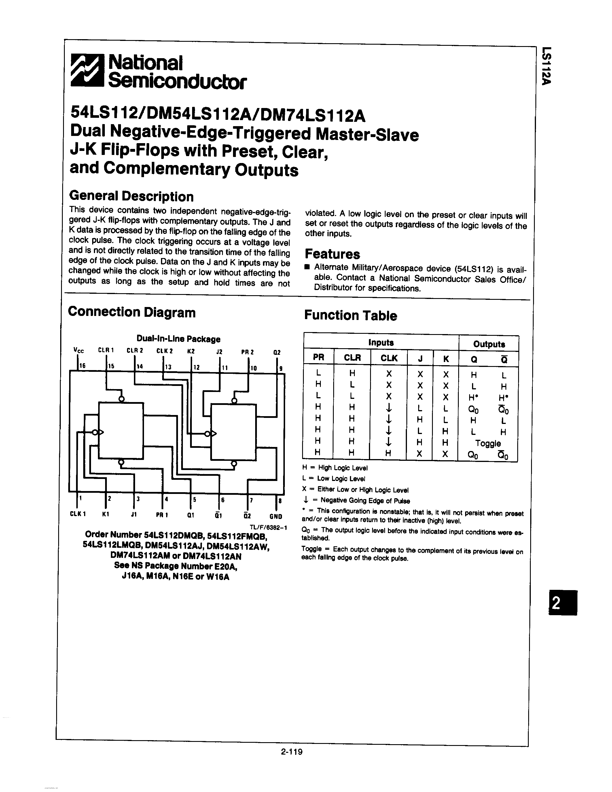 Datasheet DM54LS112A page 1 Datasheet DM54LS112A - NEGATIVE-EDGE-TRIGERED MASTER-SLAVE J-K FLIP-FLOPS page 1