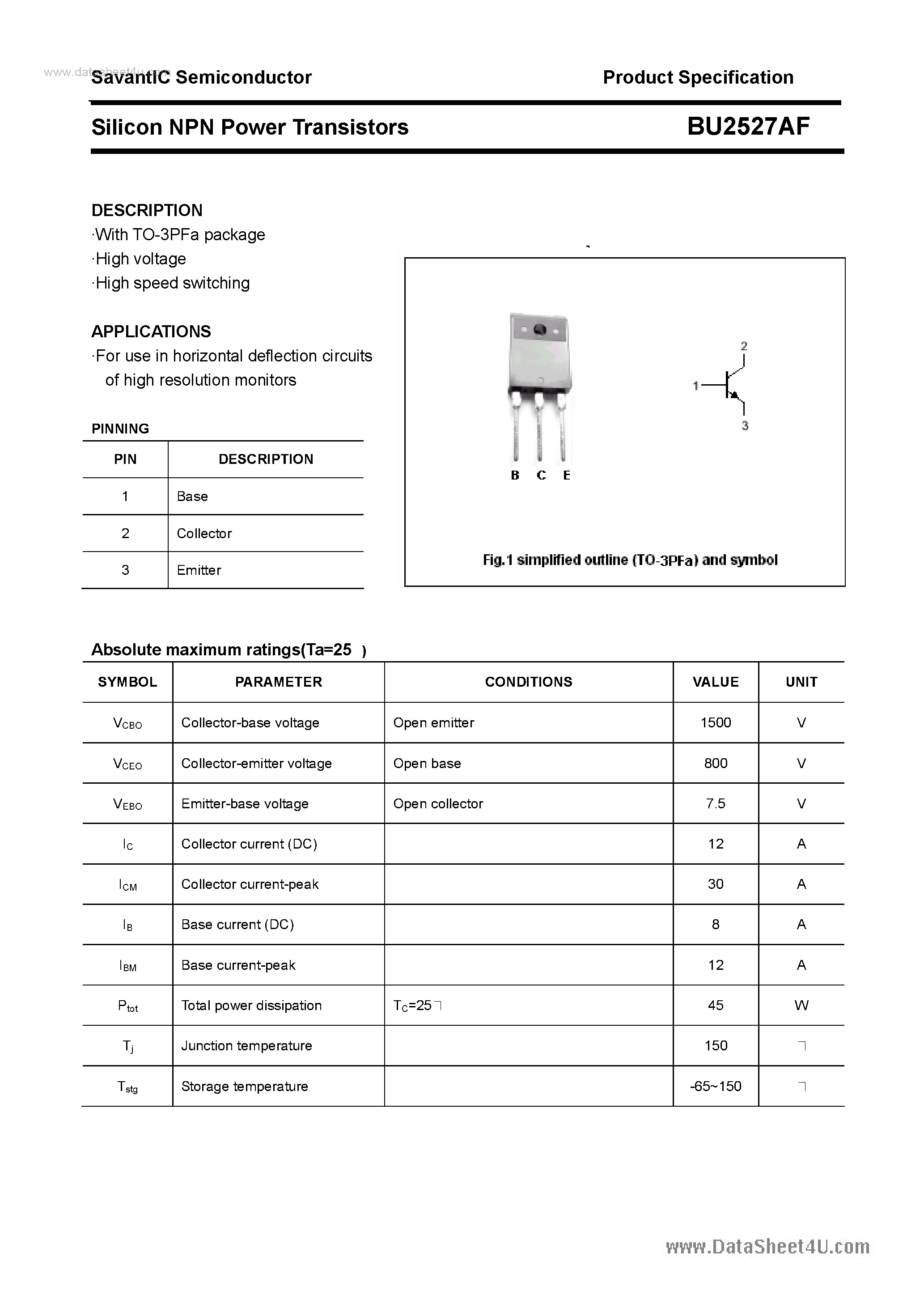 Даташит BU2527AF - Silicon NPN Power Transistors страница 1