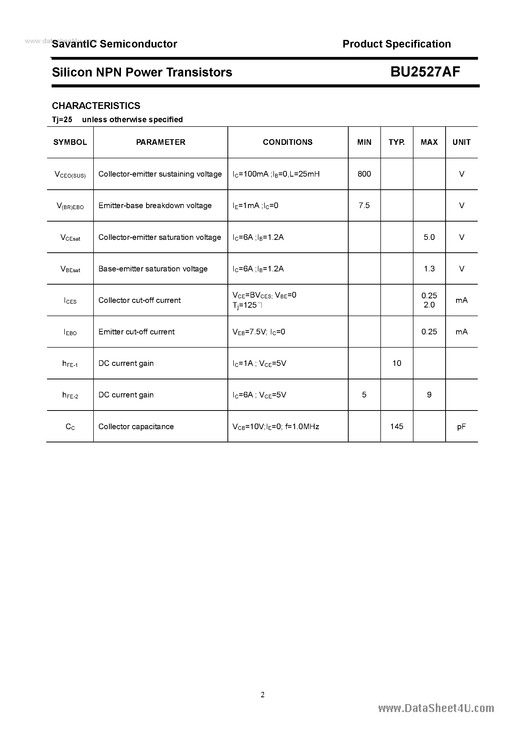 Даташит BU2527AF - Silicon NPN Power Transistors страница 2