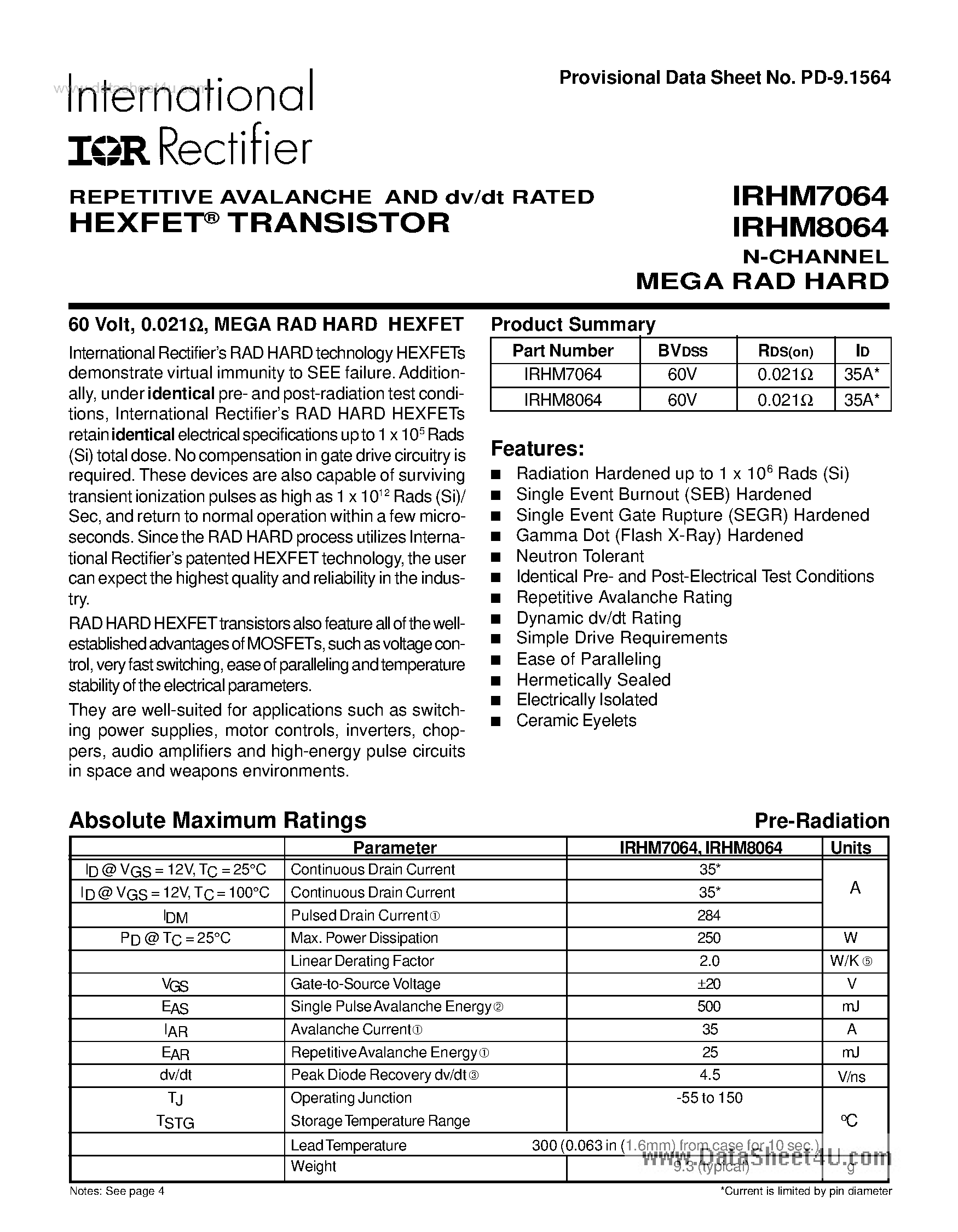 Datasheet IRHM8064 - (IRHM7064 / IRHM8064) TRANSISTOR N-CHANNEL page 1