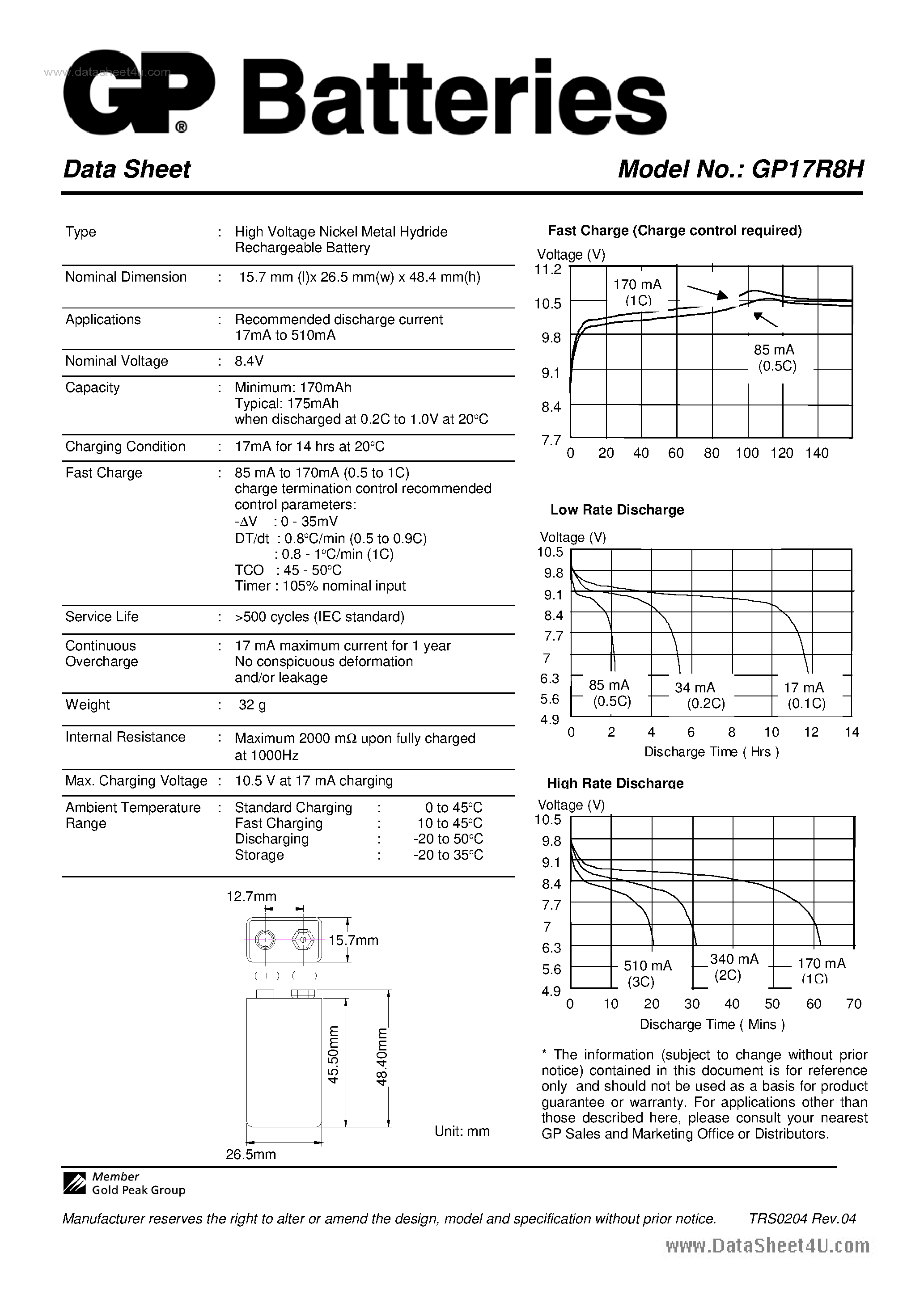 Datasheet GP17R8H - Battery page 1