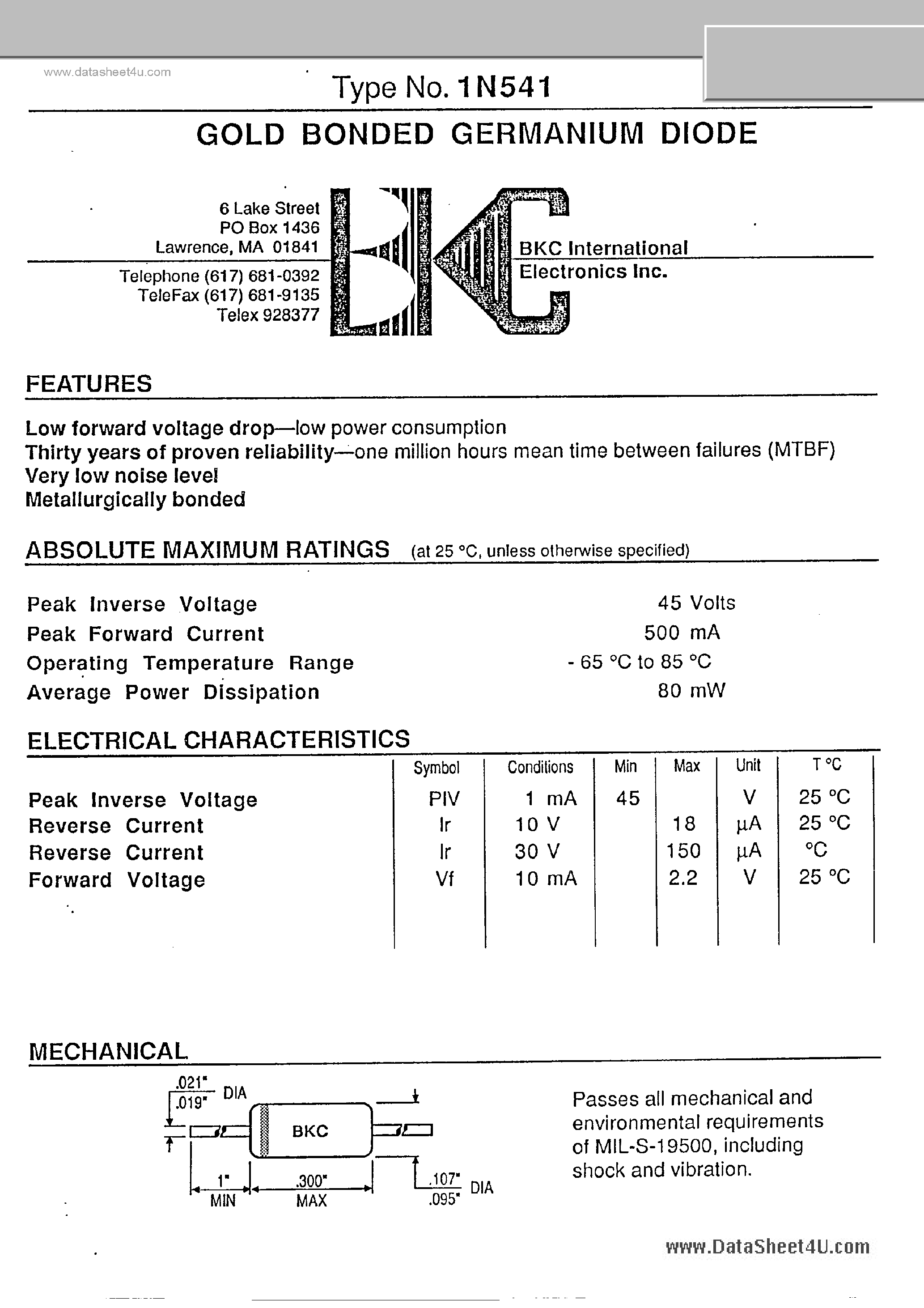 Datasheet 1N541 - GOLD BONDED DIODES page 1