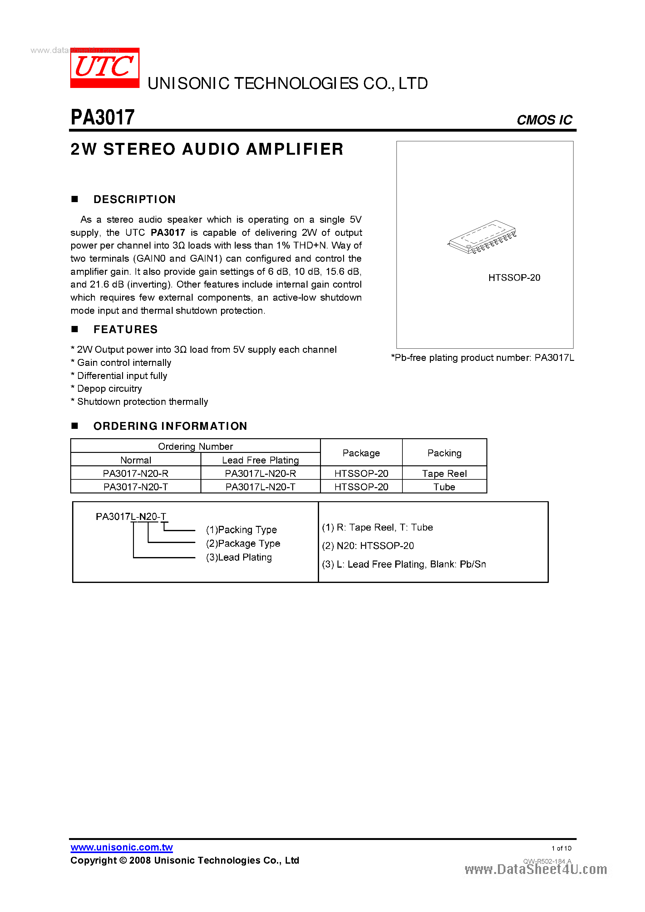 Даташит PA3017 - 2W STEREO AUDIO AMPLIFIER страница 1