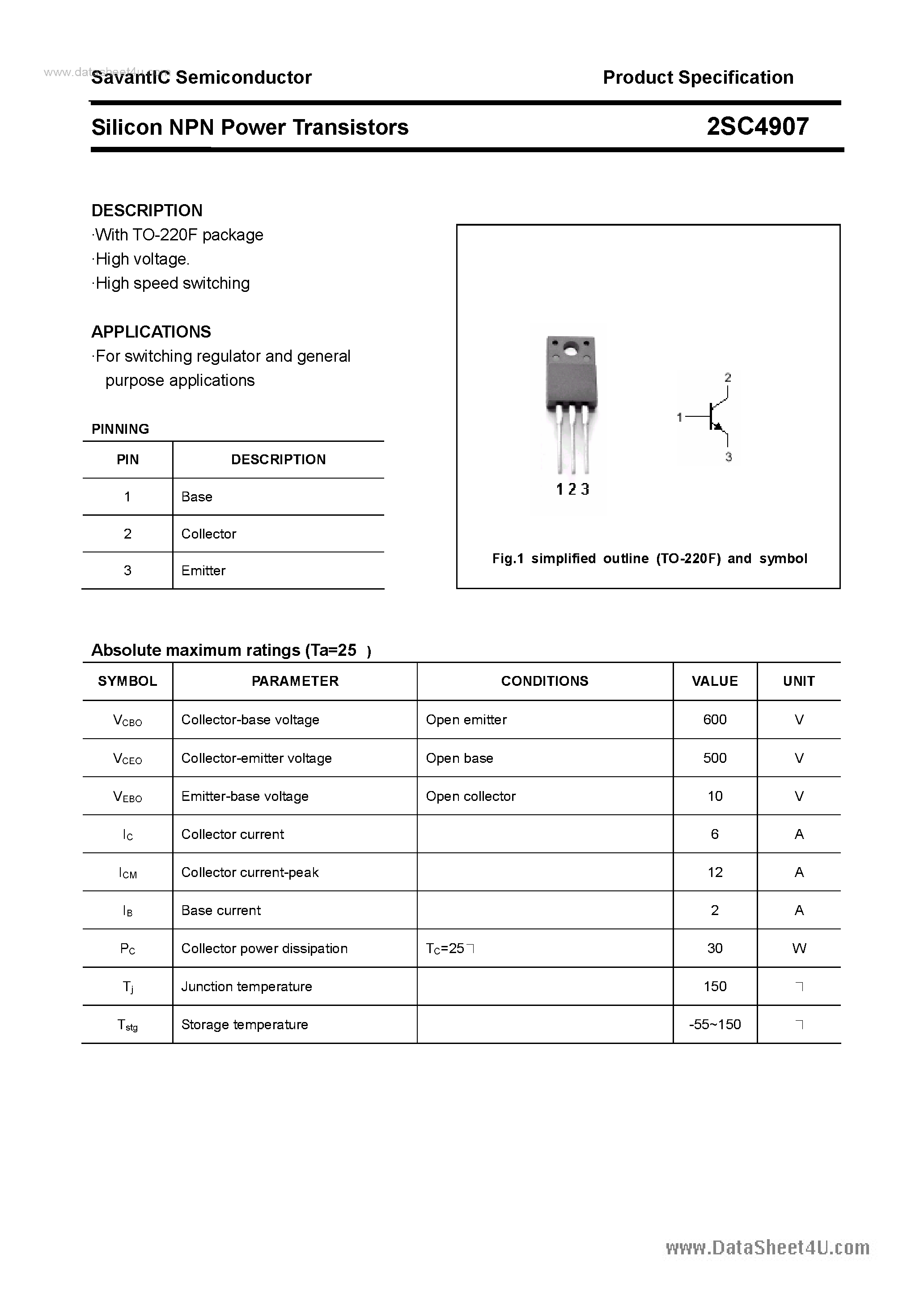 Datasheet 2SC4907 - SILICON POWER TRANSISTOR page 1