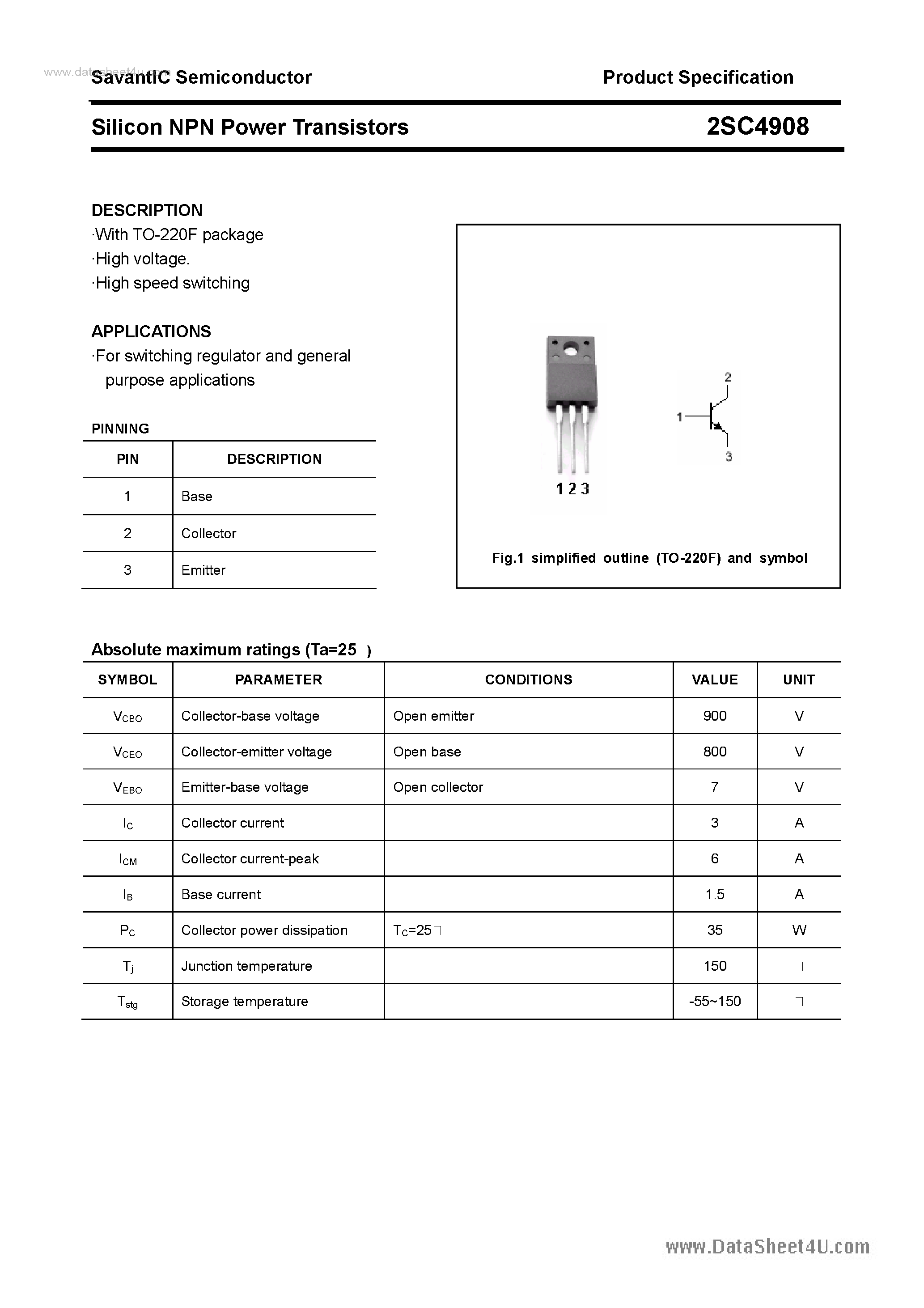 Datasheet 2SC4908 page 1 Datasheet 2SC4908 - SILICON POWER TRANSISTOR page 1