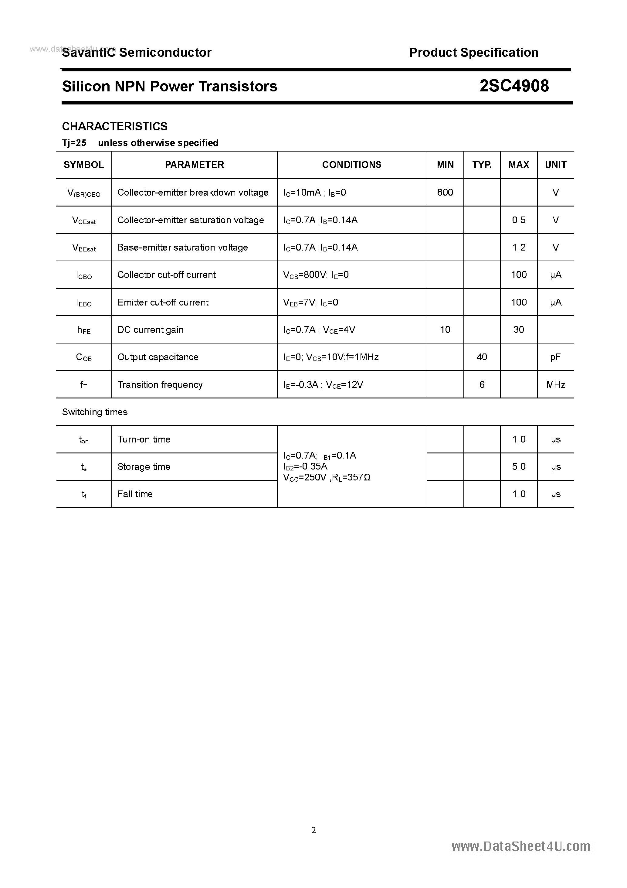 Datasheet 2SC4908 page 2 Datasheet 2SC4908 - SILICON POWER TRANSISTOR page 2