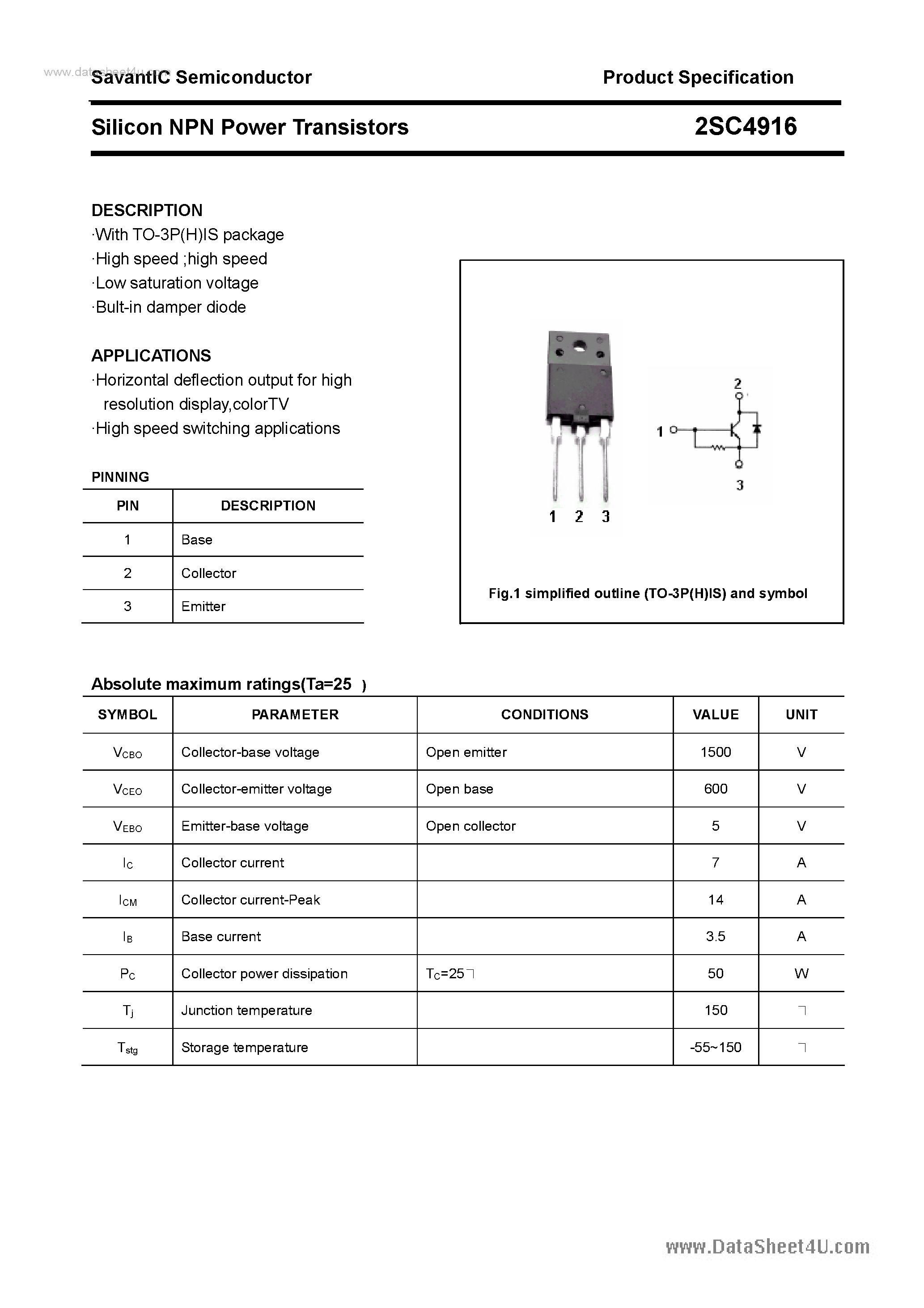 Datasheet 2SC4916 page 1 Datasheet 2SC4916 - SILICON POWER TRANSISTOR page 1