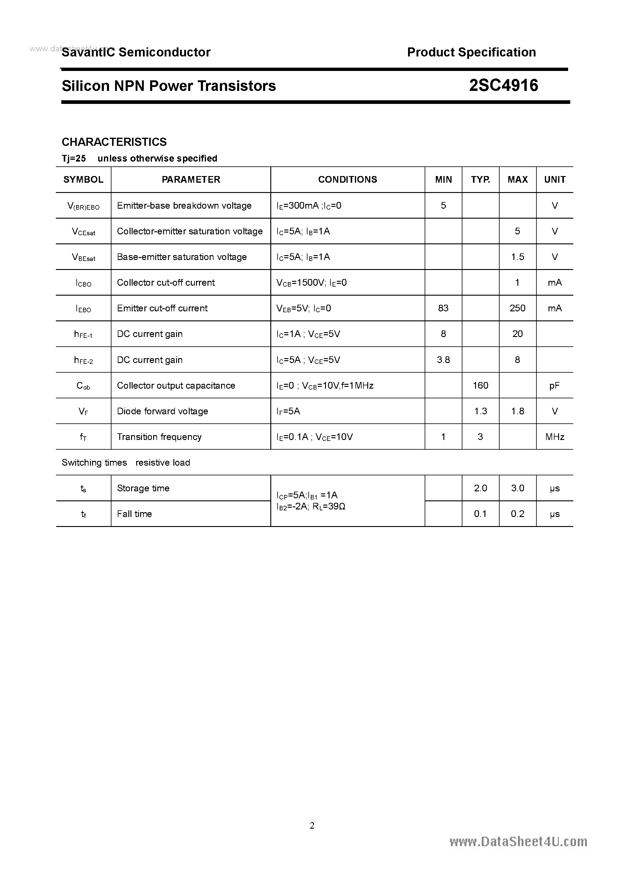 Datasheet 2SC4916 page 2 Datasheet 2SC4916 - SILICON POWER TRANSISTOR page 2