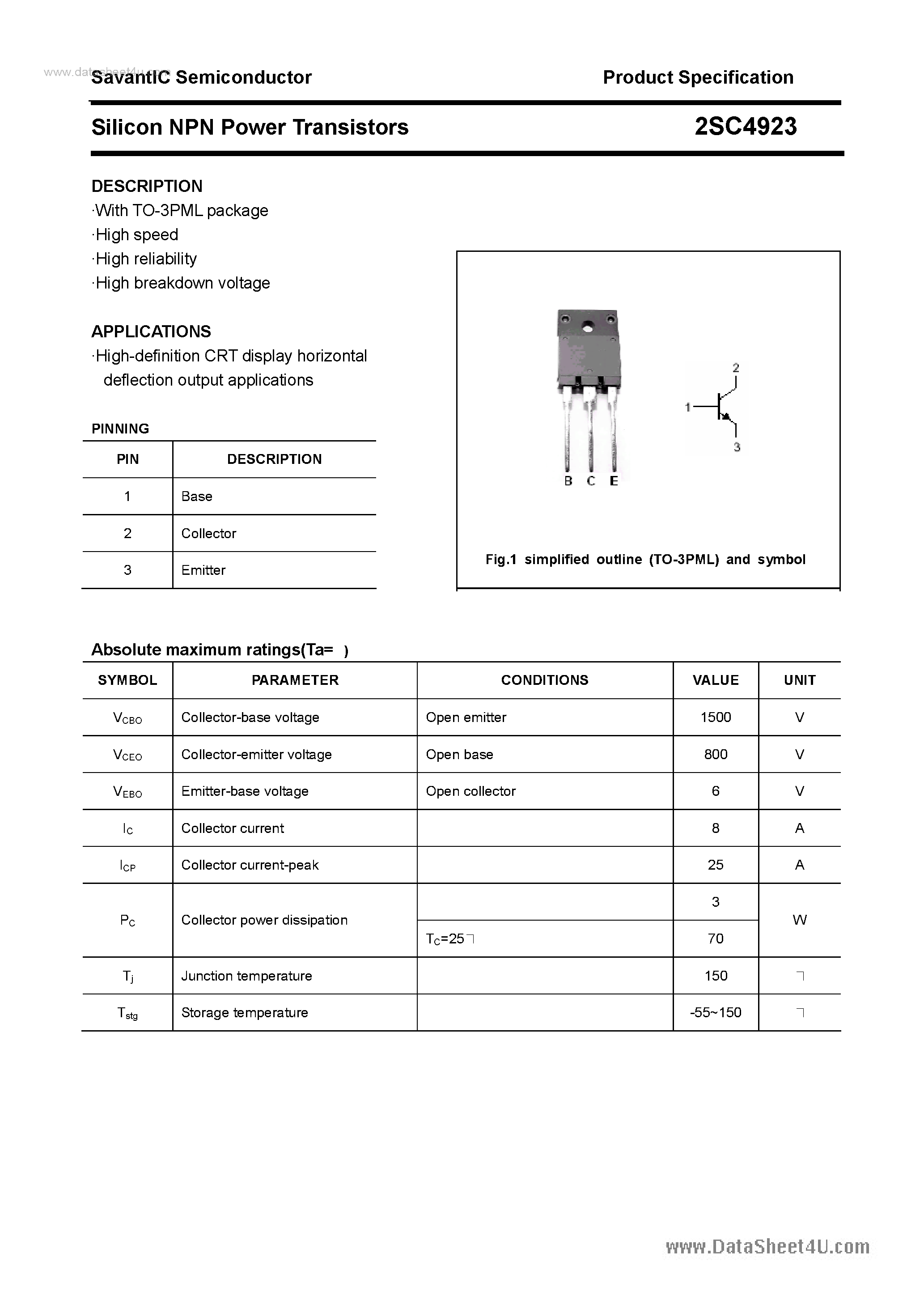 Datasheet 2SC4923 - SILICON POWER TRANSISTOR page 1