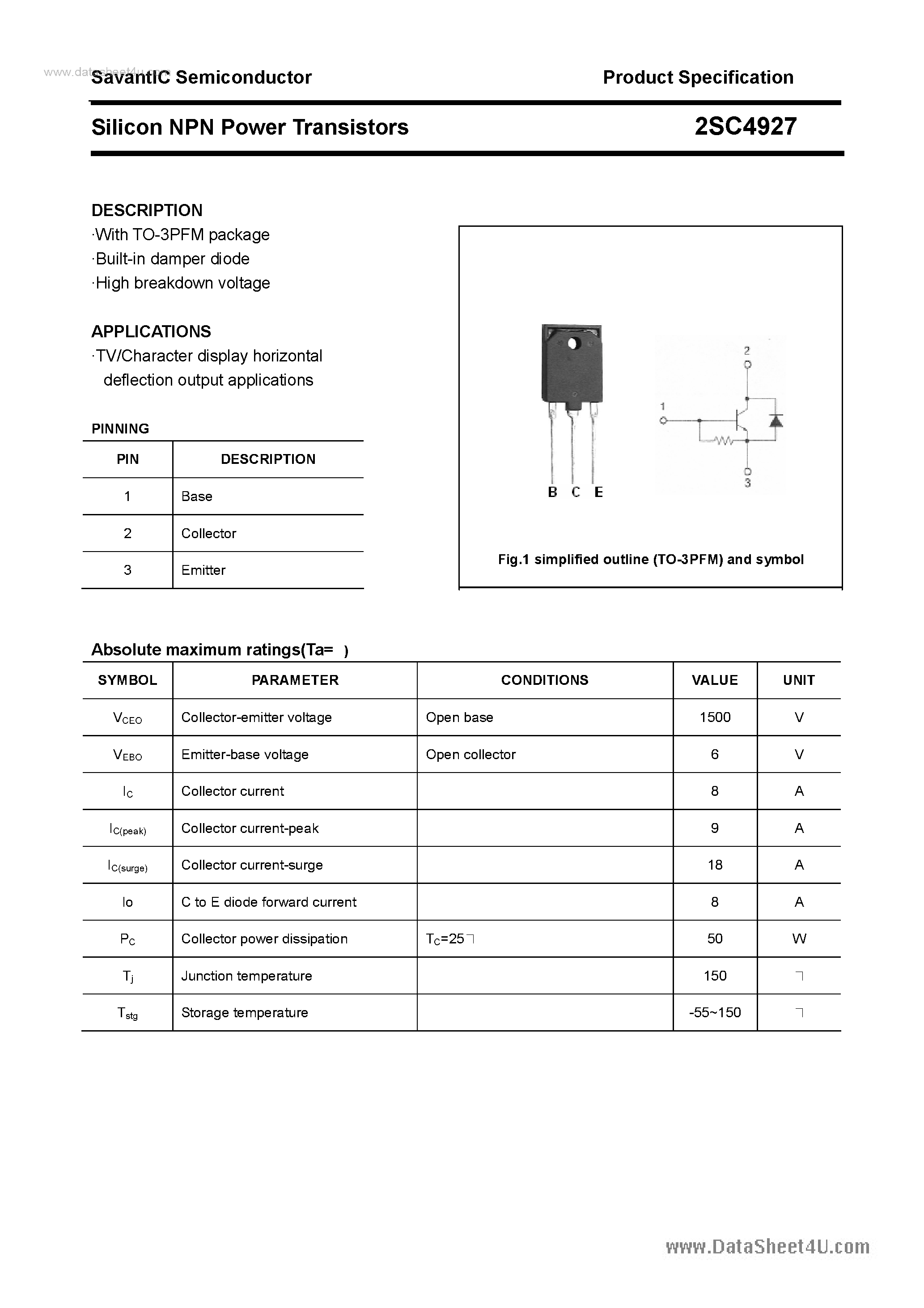 Datasheet 2SC4927 page 1 Datasheet 2SC4927 - SILICON POWER TRANSISTOR page 1