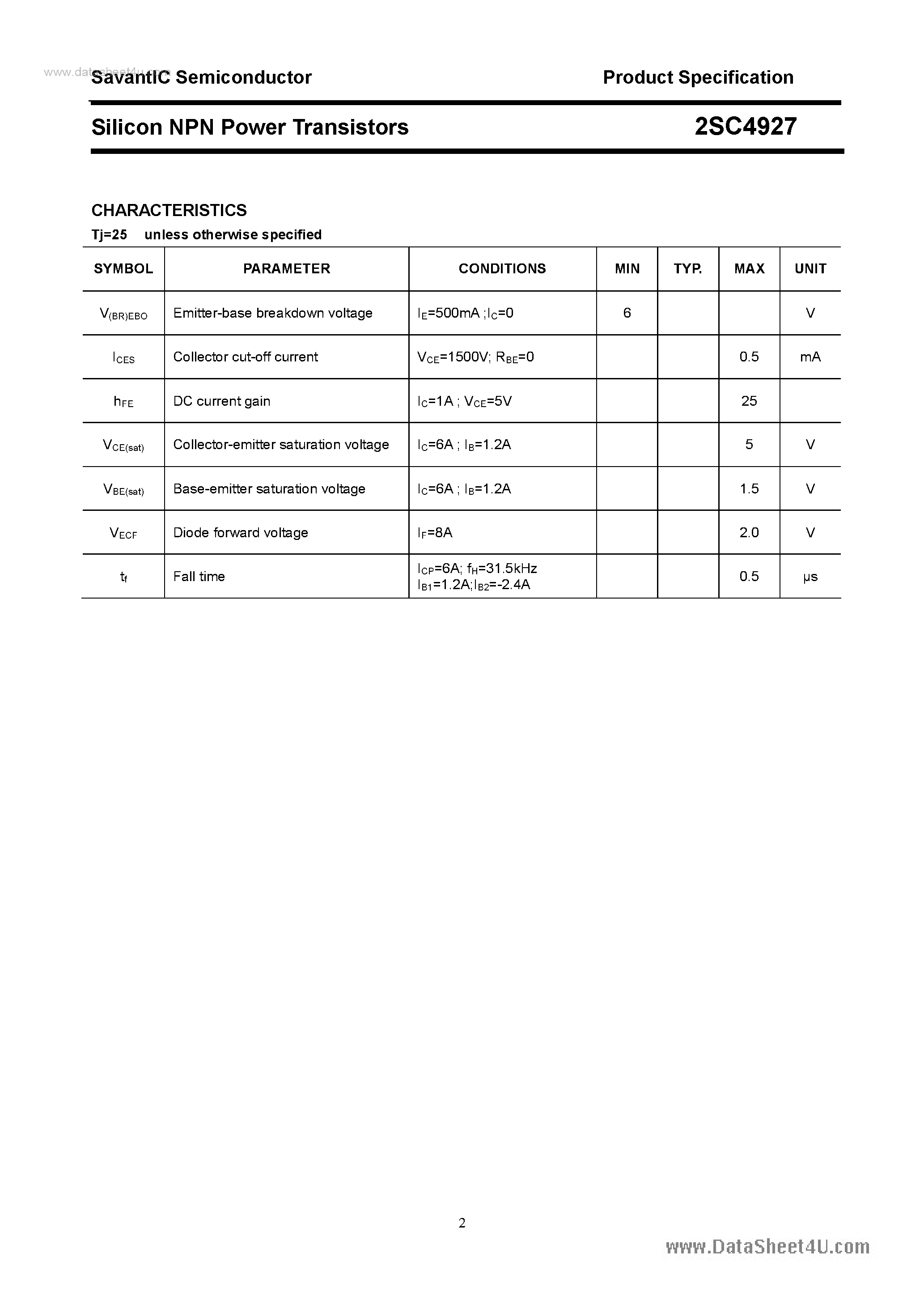 Datasheet 2SC4927 page 2 Datasheet 2SC4927 - SILICON POWER TRANSISTOR page 2