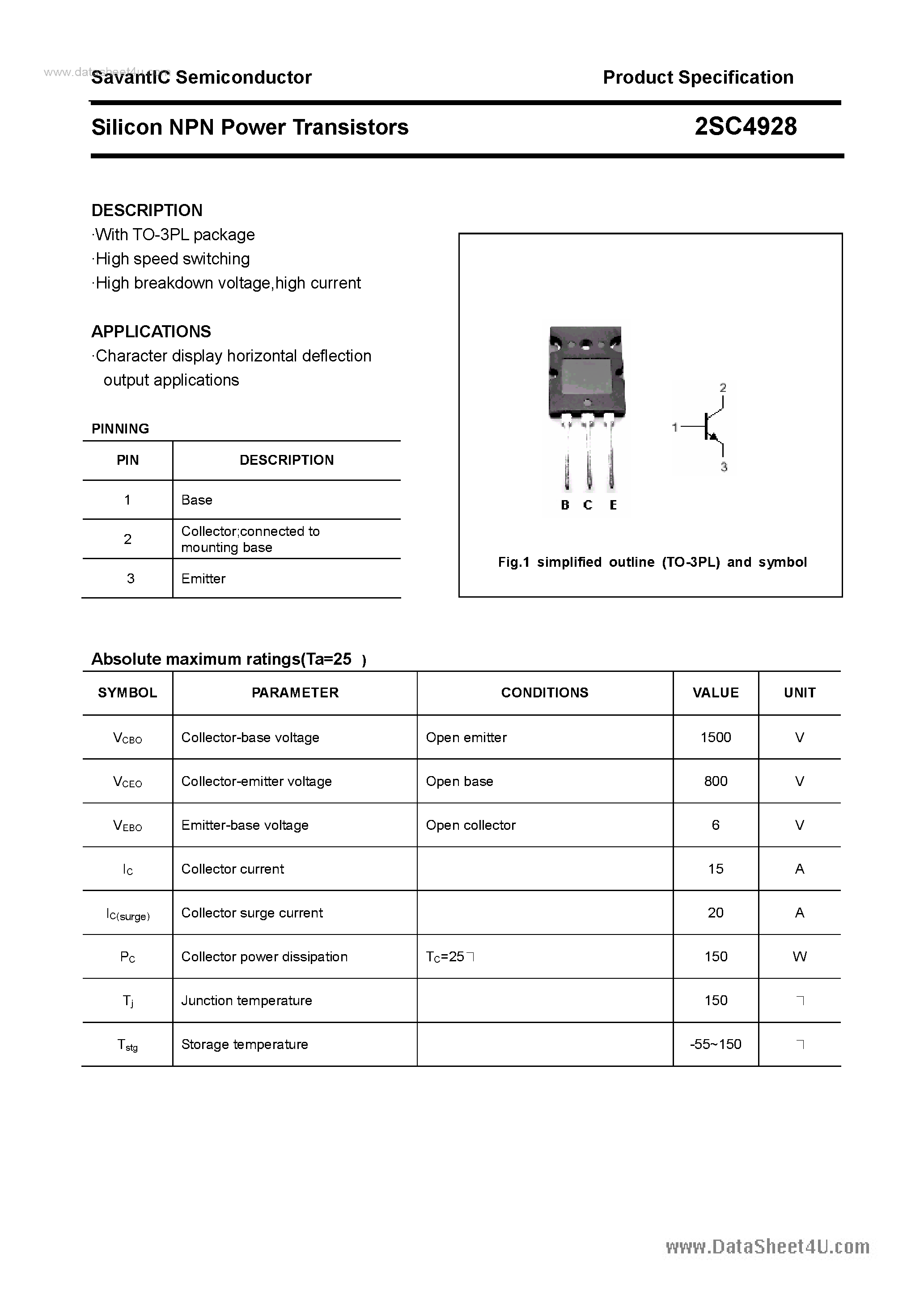 Datasheet 2SC4928 page 1 Datasheet 2SC4928 - SILICON POWER TRANSISTOR page 1
