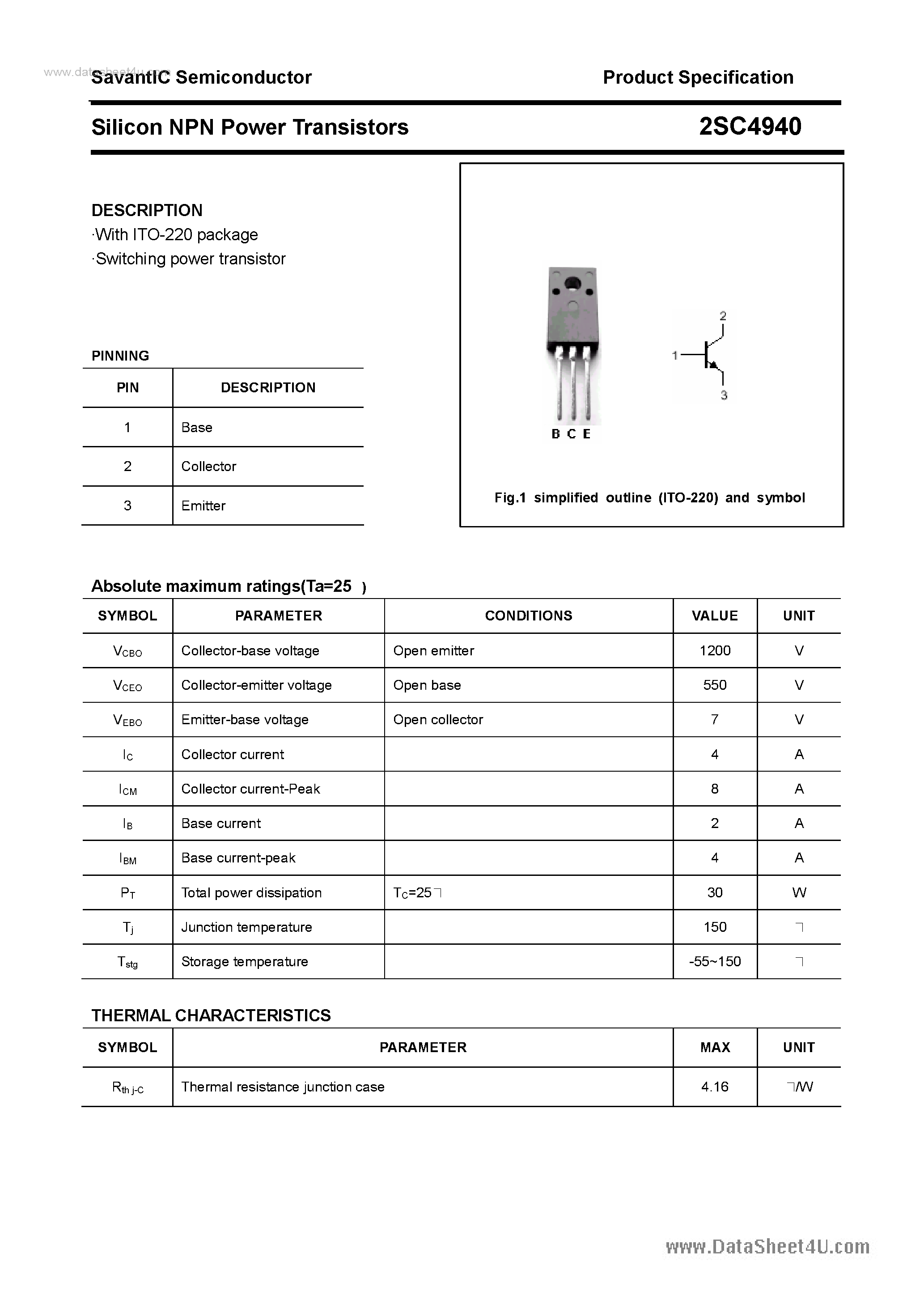 Datasheet 2SC4940 page 1 Datasheet 2SC4940 - SILICON POWER TRANSISTOR page 1