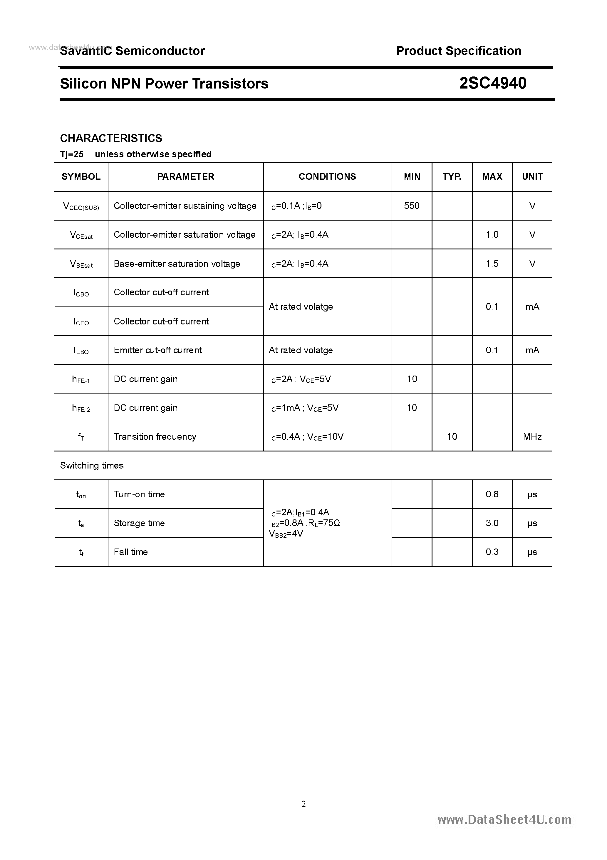 Datasheet 2SC4940 page 2 Datasheet 2SC4940 - SILICON POWER TRANSISTOR page 2