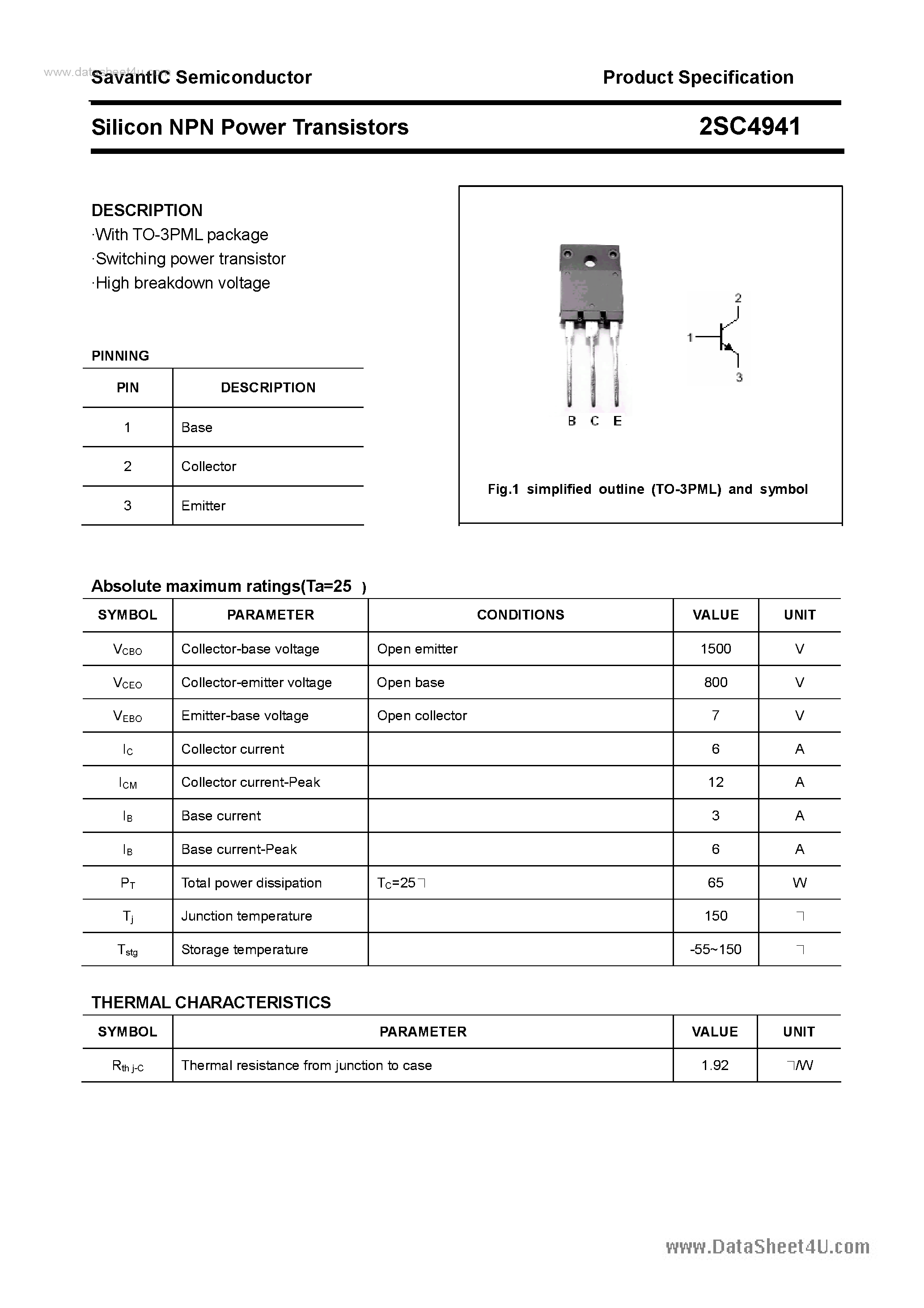 Datasheet 2SC4941 page 1 Datasheet 2SC4941 - SILICON POWER TRANSISTOR page 1