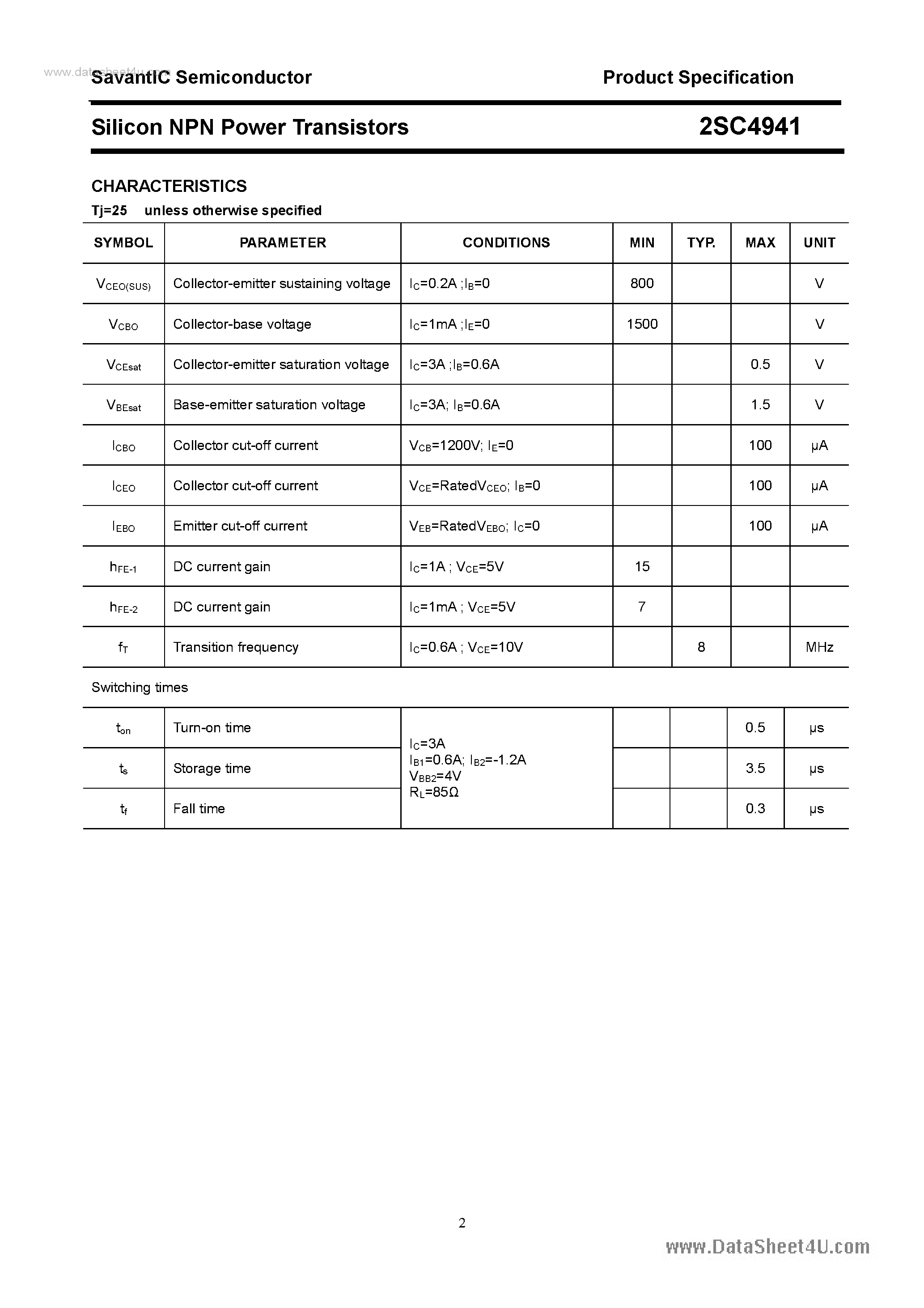 Datasheet 2SC4941 page 2 Datasheet 2SC4941 - SILICON POWER TRANSISTOR page 2