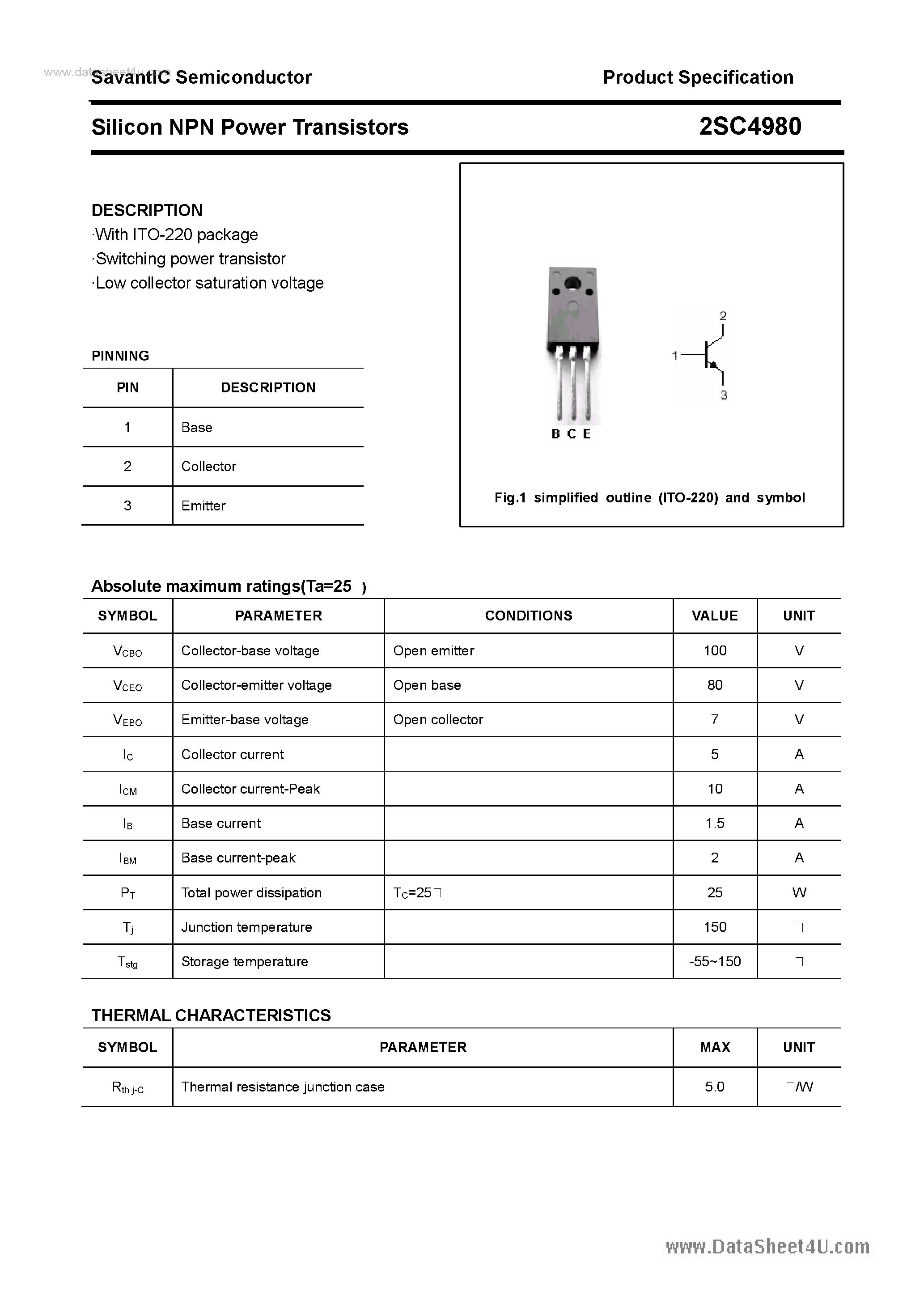 Datasheet 2SC4980 page 1 Datasheet 2SC4980 - SILICON POWER TRANSISTOR page 1