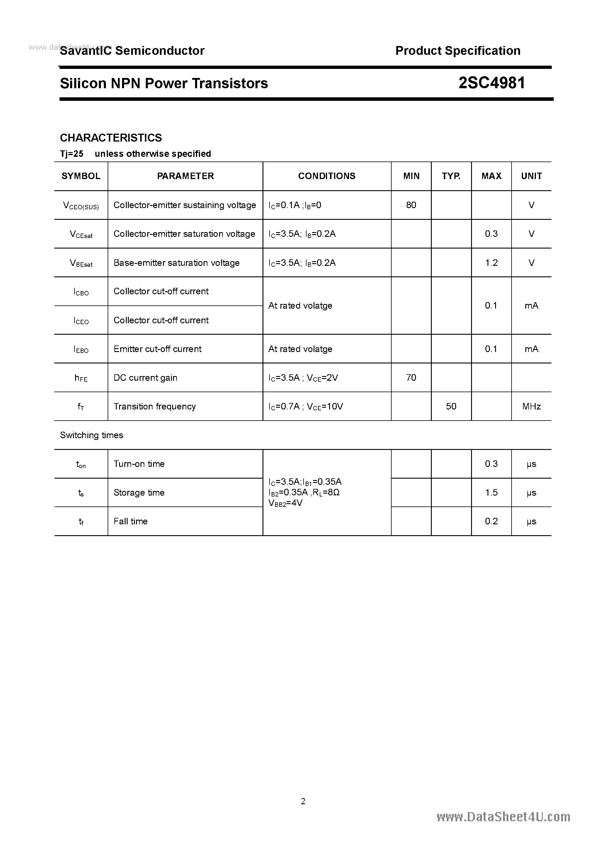 Datasheet 2SC4981 page 2 Datasheet 2SC4981 - SILICON POWER TRANSISTOR page 2