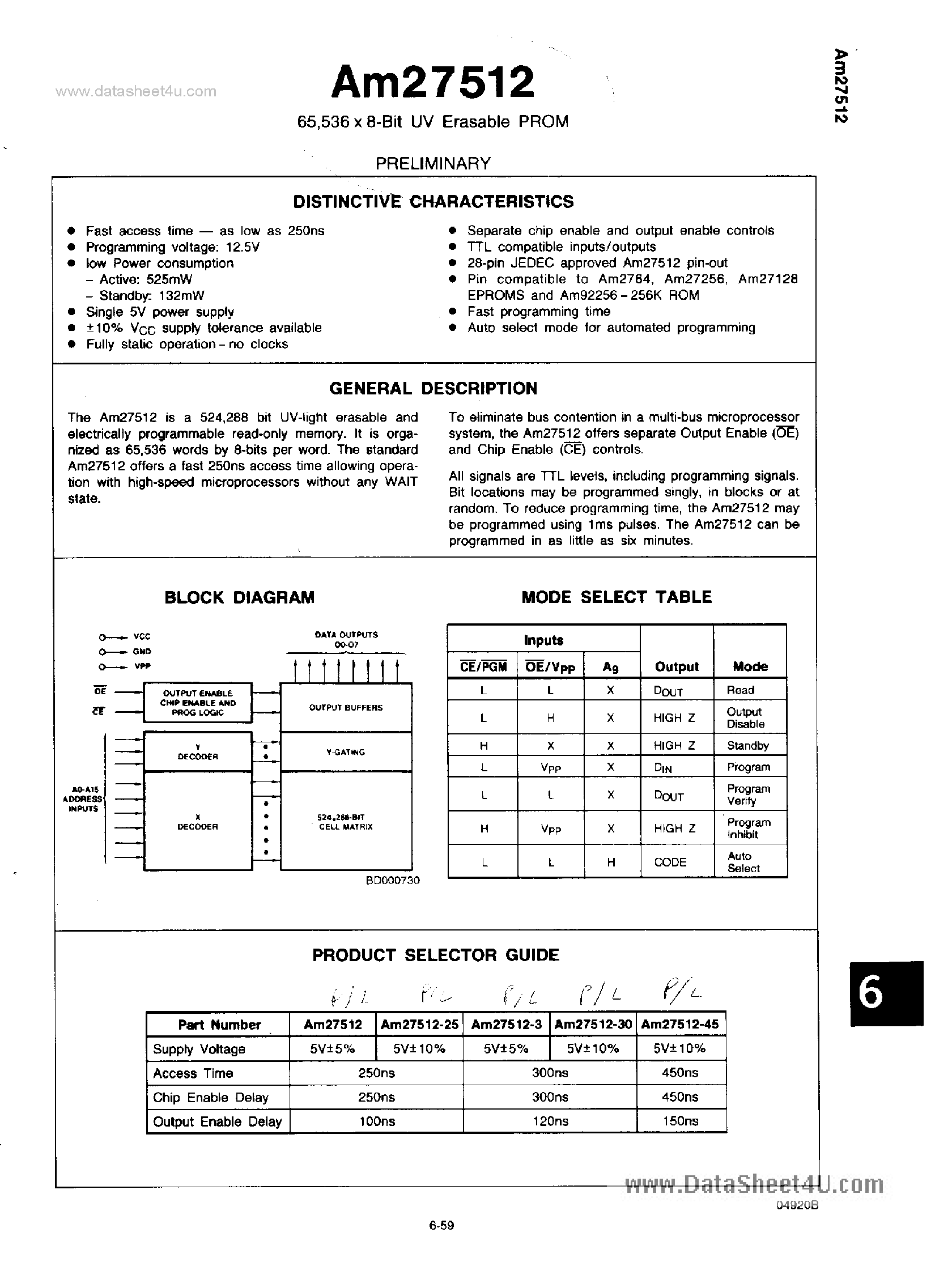 Datasheet AM27512 - 536x8-Bit UV Erasable PROM page 1