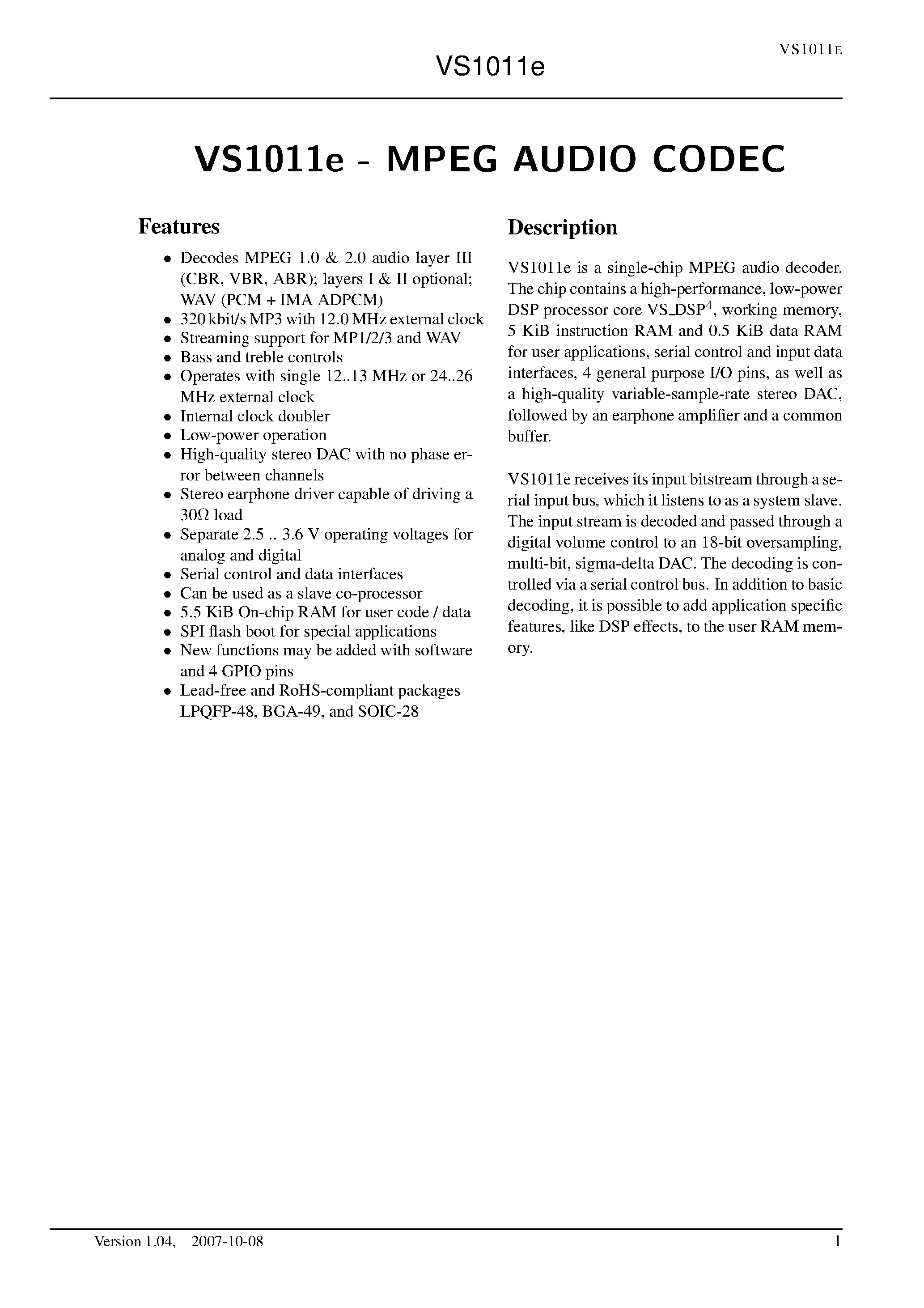 Даташит на микросхему VS1011E страница 1 Даташит VS1011E - MPEG AUDIO CODEC страница 1