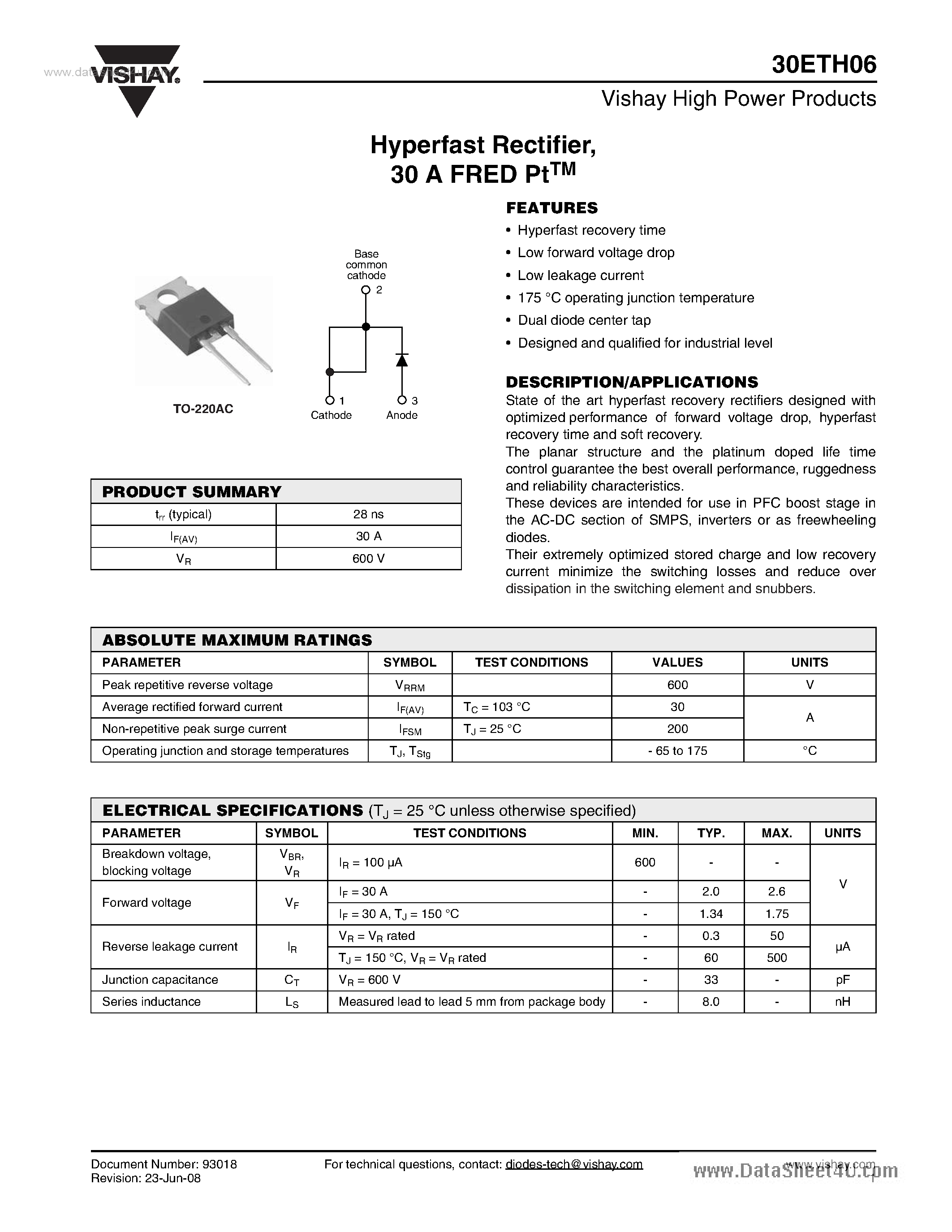 Datasheet 30ETH06 page 1 Datasheet 30ETH06 - Hyperfast Rectifier page 1