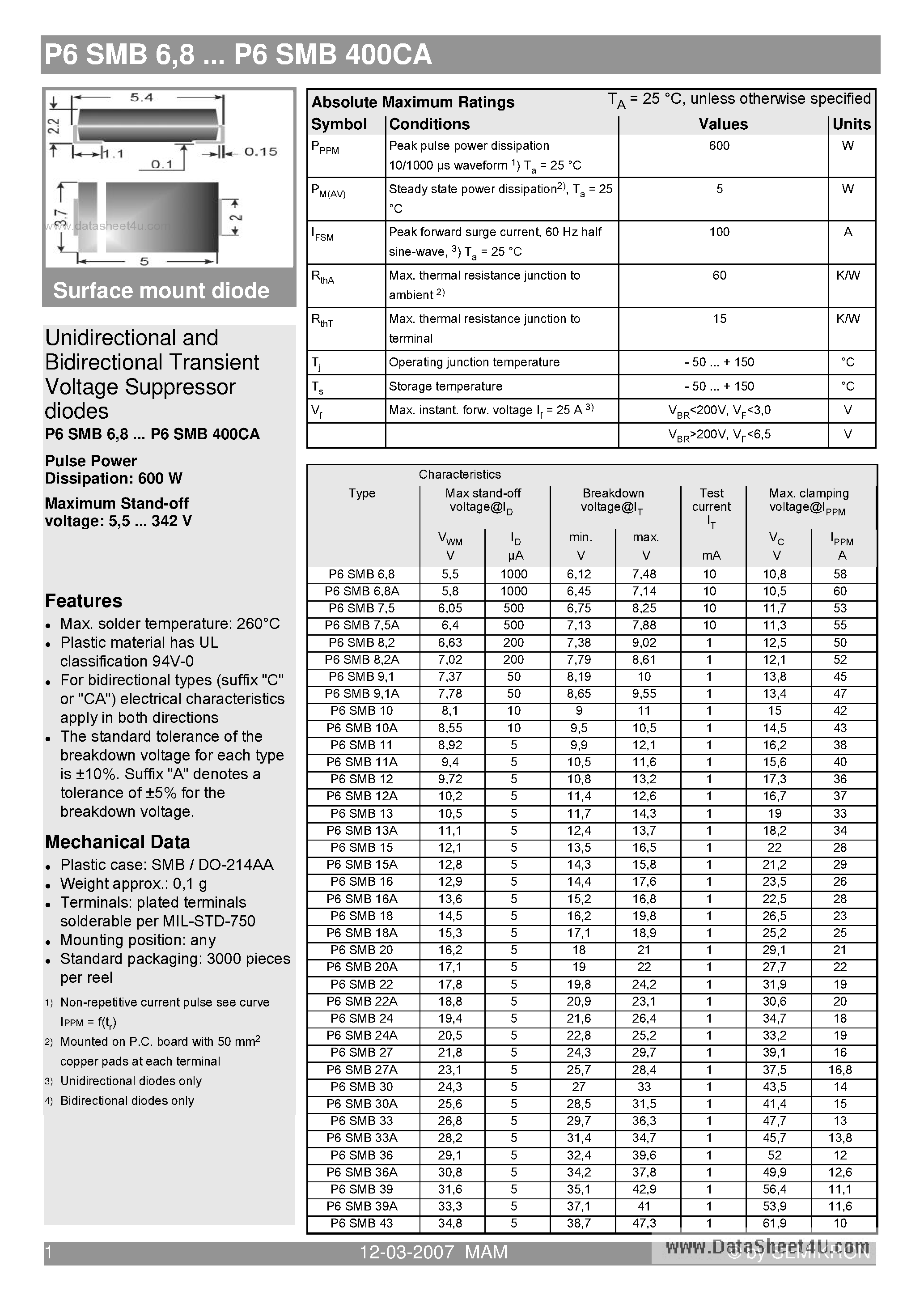 Даташит на микросхему P6SMB29A страница 1 Даташит P6SMB29A - Unidirectional and Bidirectional Transient Voltage Suppressor diodes страница 1