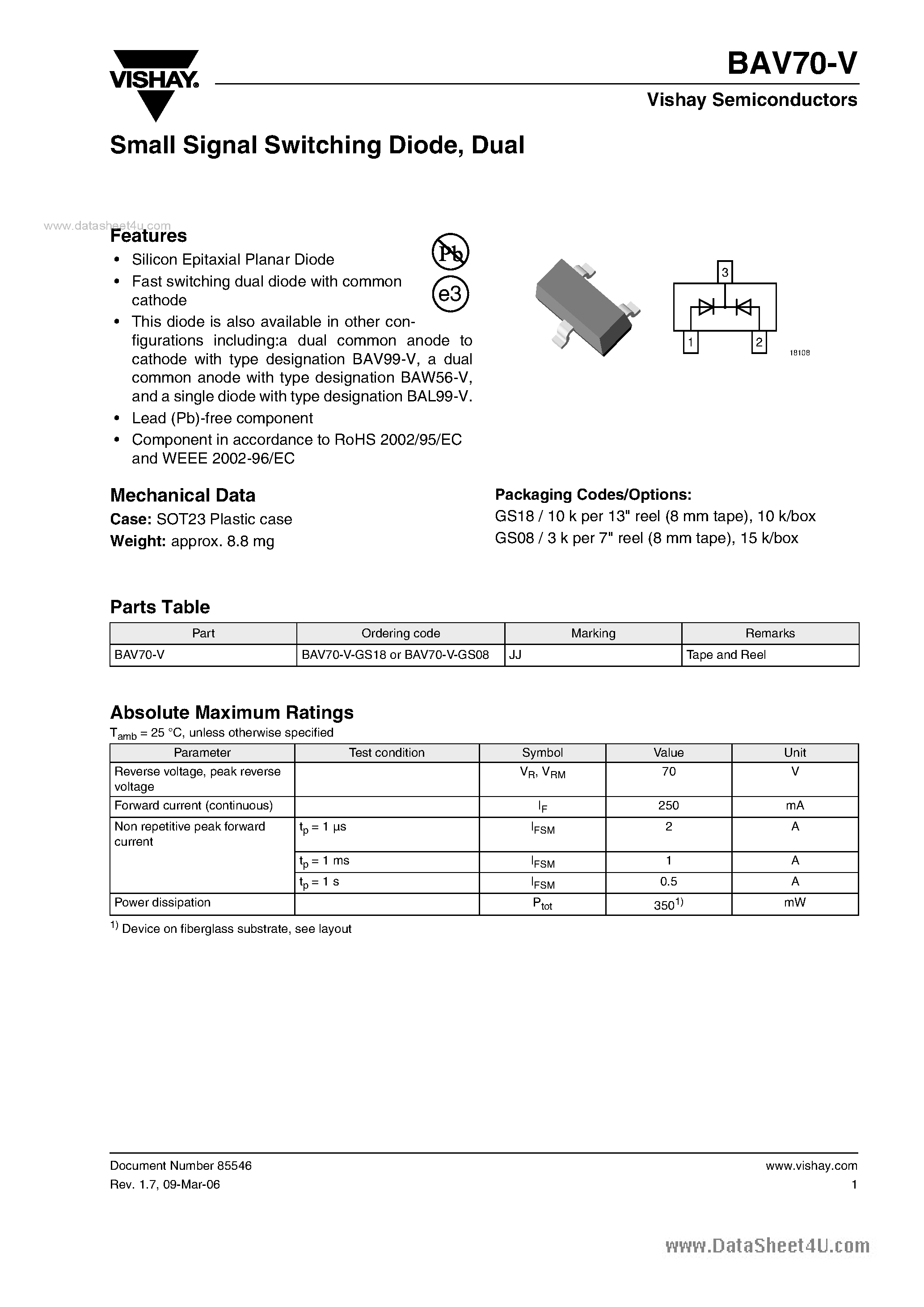 Даташит на микросхему BAV70-V страница 1 Даташит BAV70-V - Small Signal Switching Diode страница 1