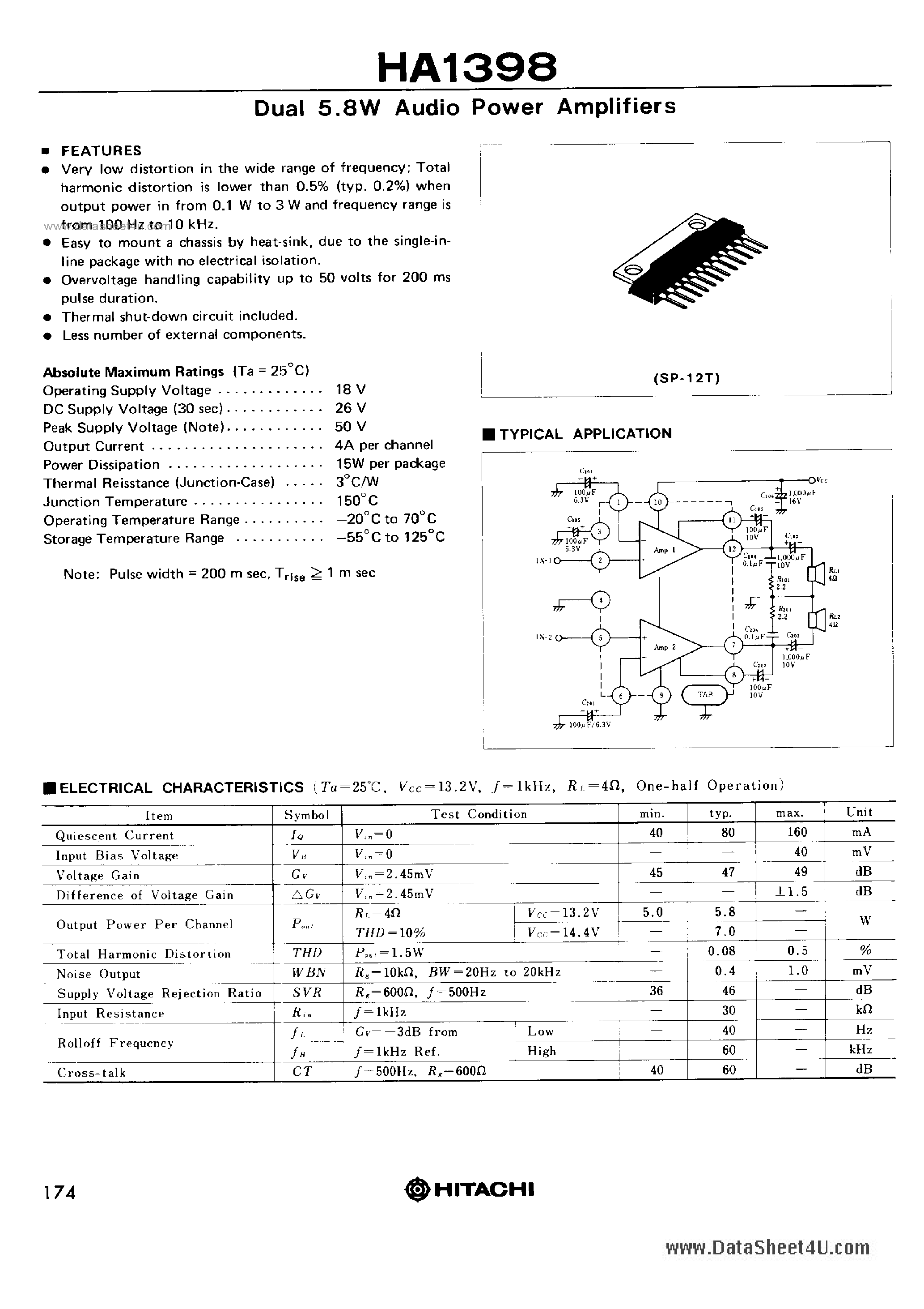 Datasheet HA1398 page 1 Datasheet HA1398 - Dual 5.8 Audio Power Amplifiers page 1