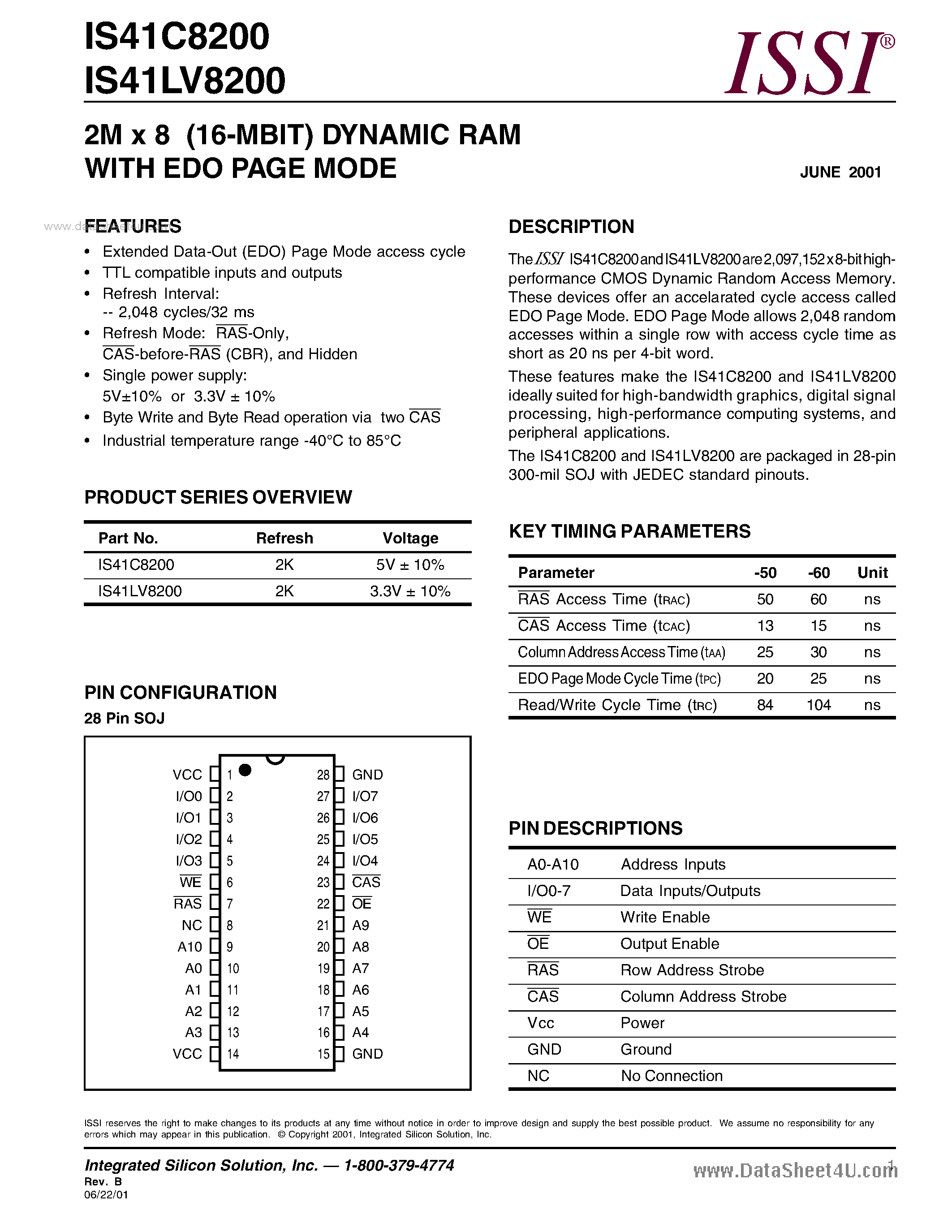 Даташит IS41C8200 - 2M x 8 (16-MBIT) DYNAMIC RAM страница 1