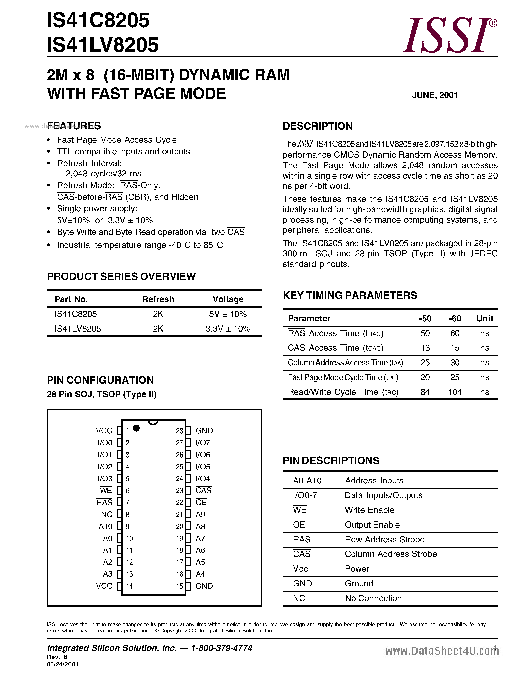Даташит IS41C8205 - 2M x 8 (16-MBIT) DYNAMIC RAM страница 1