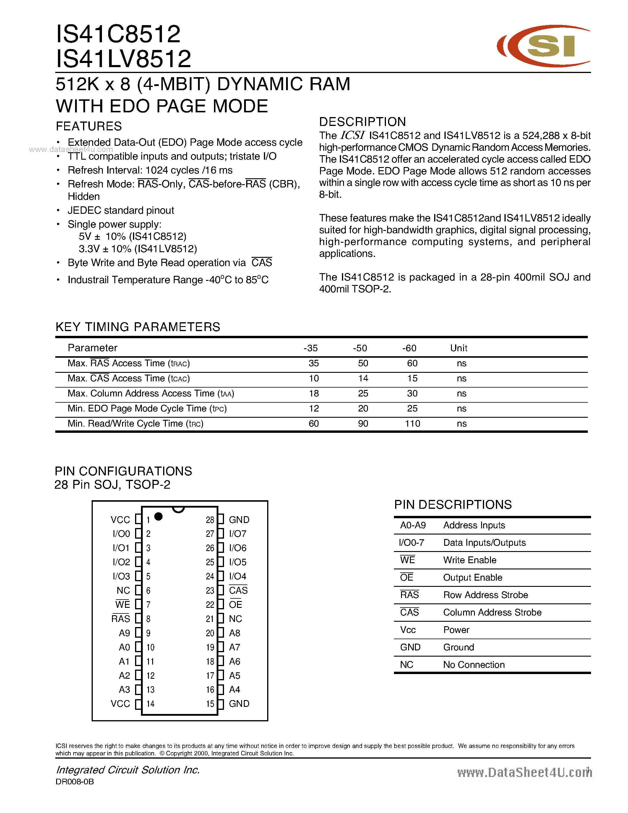 Даташит IS41C8512 - 512K x 8 (4-MBIT) DYNAMIC RAM страница 1
