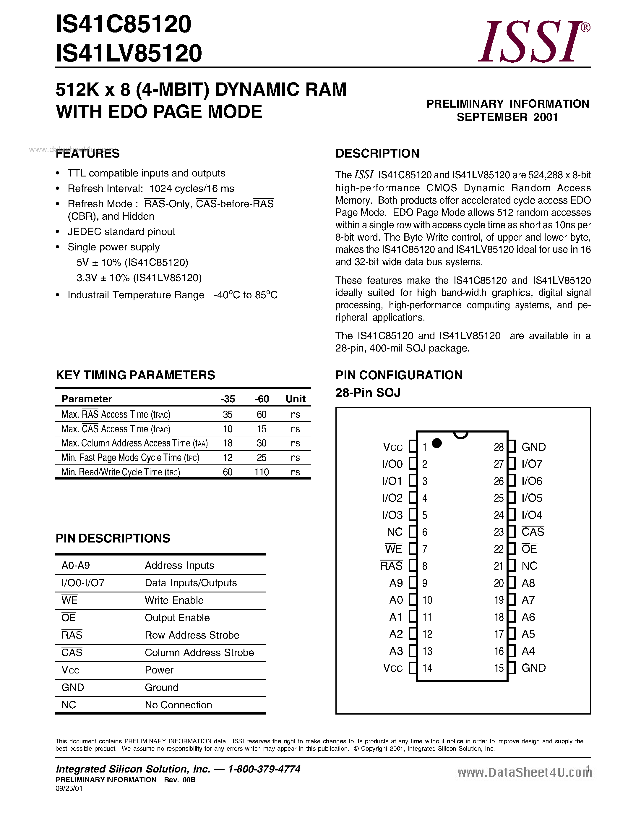 Даташит IS41C85120 - 512K x 8 (4-MBIT) DYNAMIC RAM страница 1