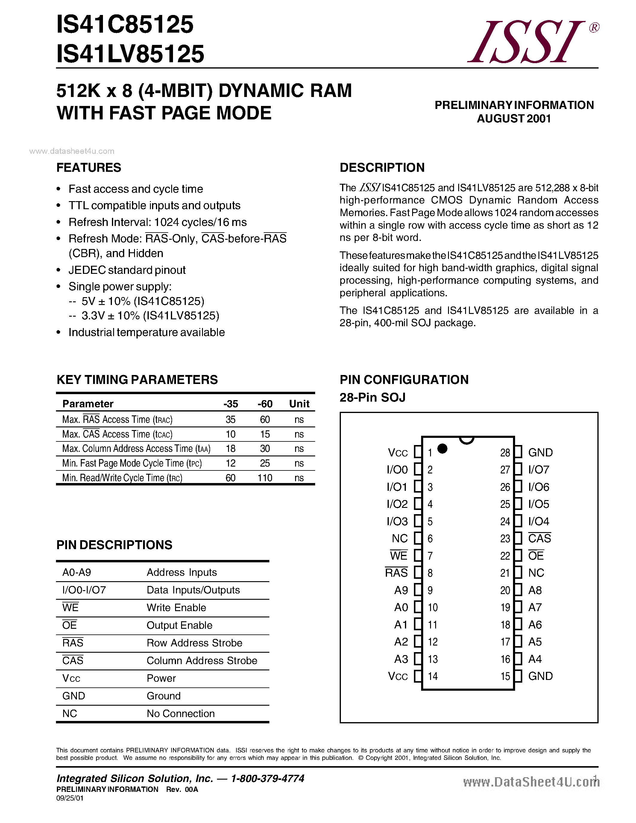 Даташит IS41C85125 - 512K x 8 (4-MBIT) DYNAMIC RAM страница 1