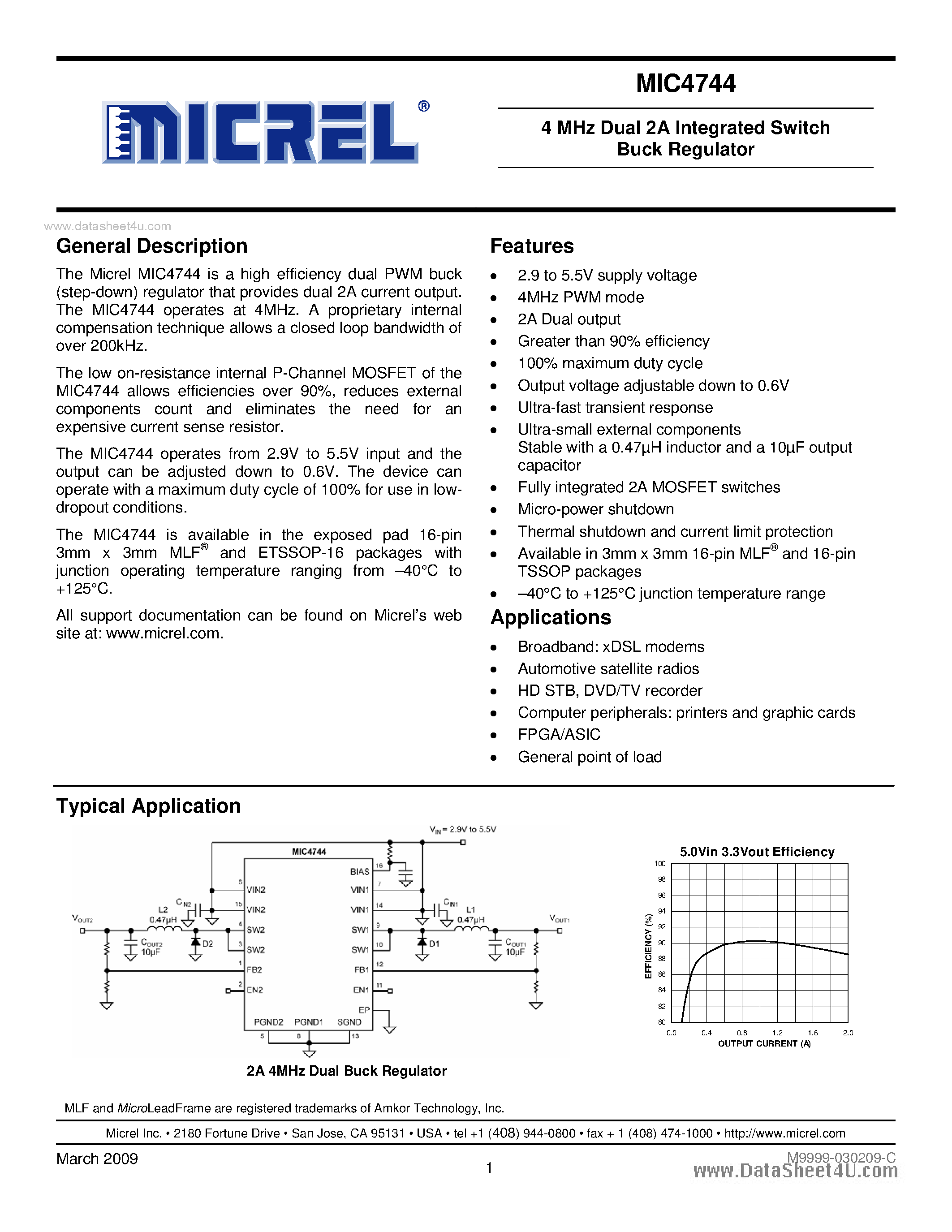Datasheet MIC4744 - 4 MHz Dual 2A Integrated Switch Buck Regulator page 1