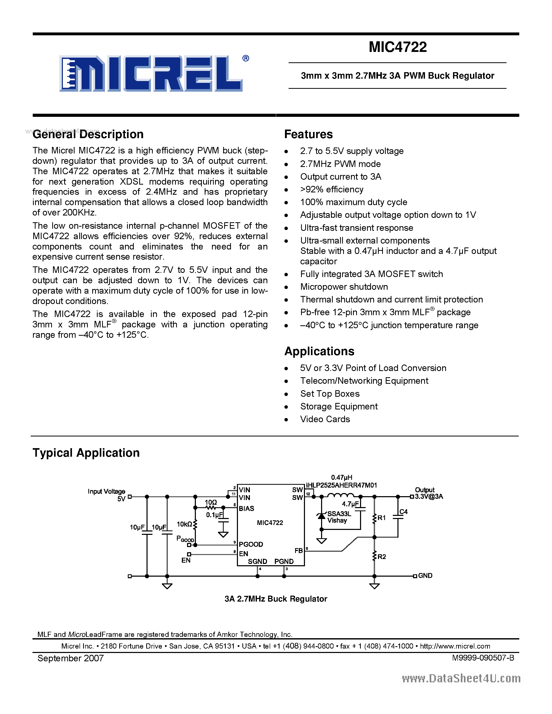 Datasheet MIC4722 - 3mm x 3mm 2.7MHz 3A PWM Buck Regulator page 1