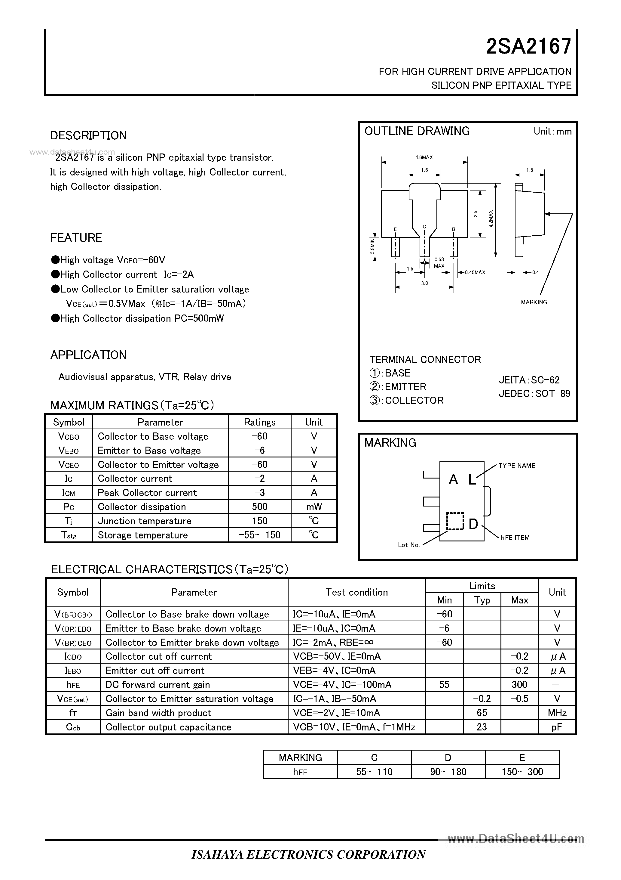 Datasheet 2SA2167 - SILICON PNP EPITAXIAL TYPE page 1