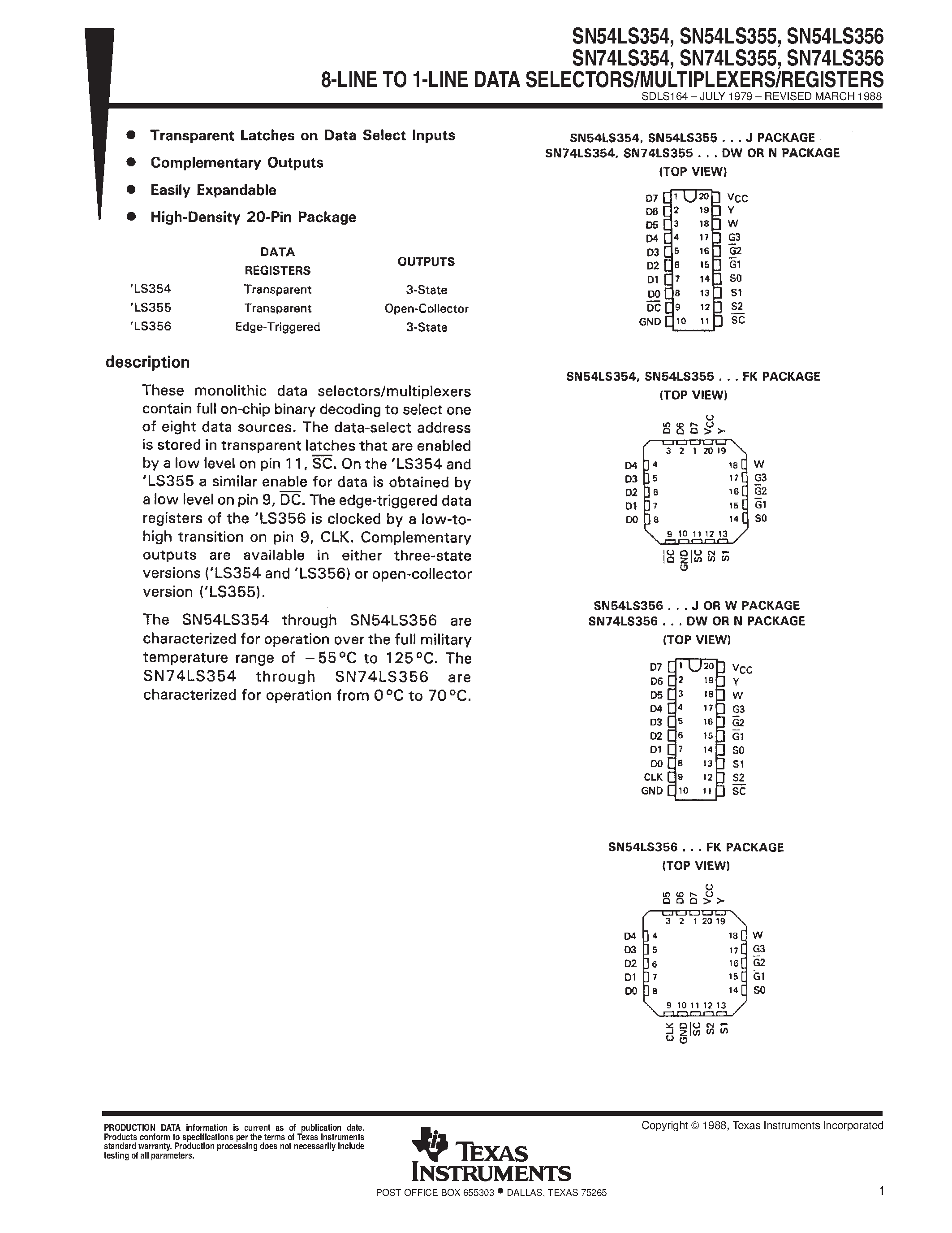 Даташит SN74LS354 - 8-LINE TO 1-LINE DATA SELECTORS/MULTIPLEXERS/REGISTERS страница 1