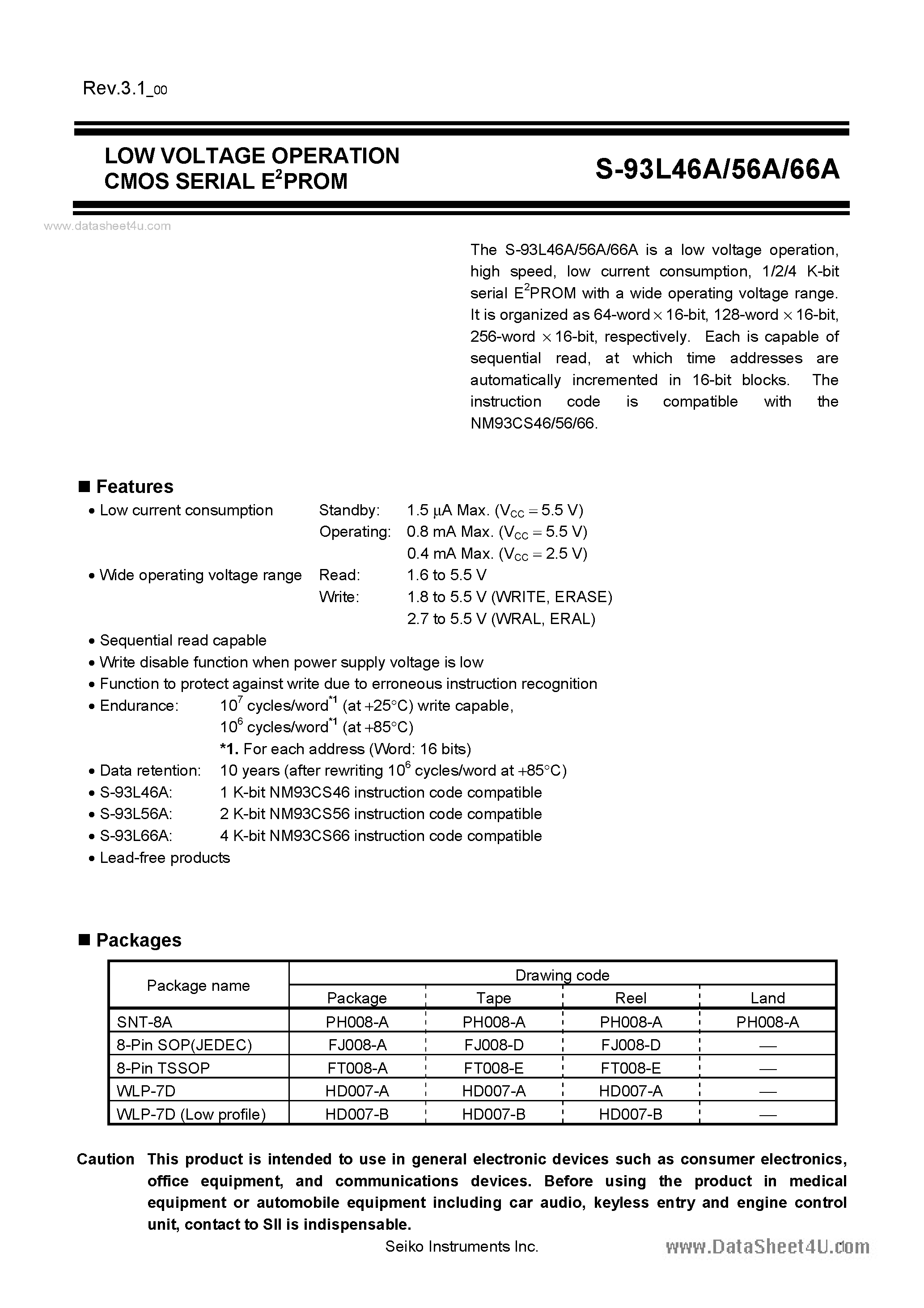 Даташит на микросхему S-93L46A страница 1 Даташит S-93L46A - (S-93Lx6A) LOW VOLTAGE OPERATION CMOS SERIAL E2PROM страница 1
