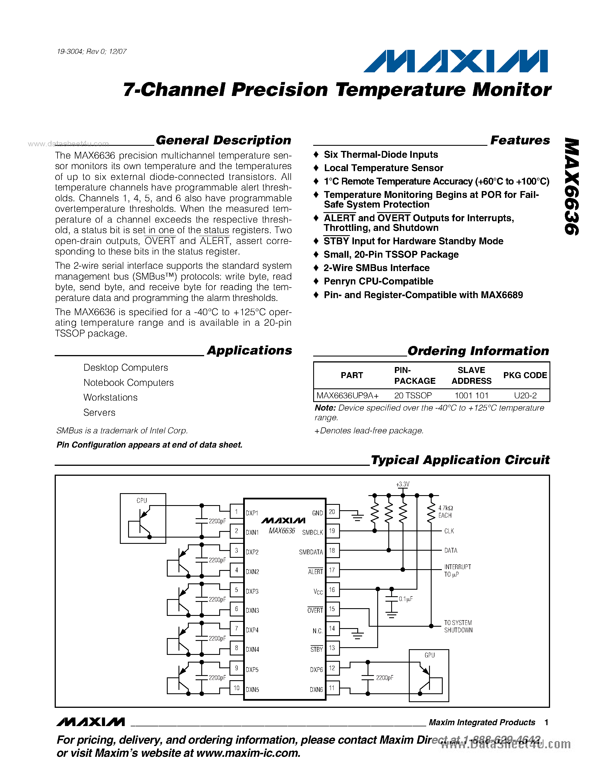 Даташит MAX6636 - 7-Channel Precision Temperature Monitor страница 1