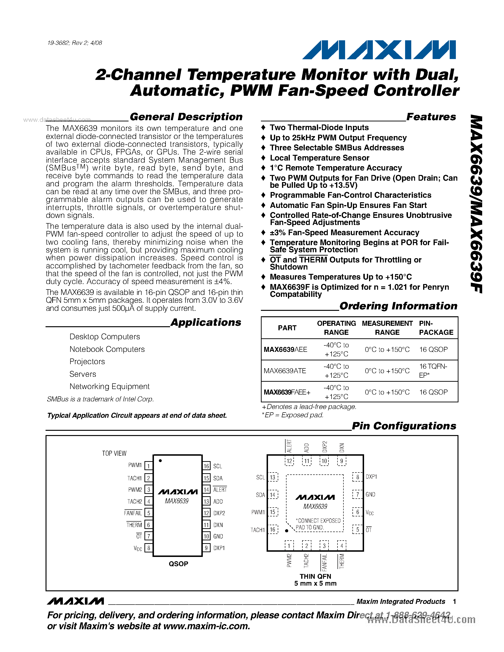 Datasheet MAX6639F - 2-Channel Temperature Monitor page 1