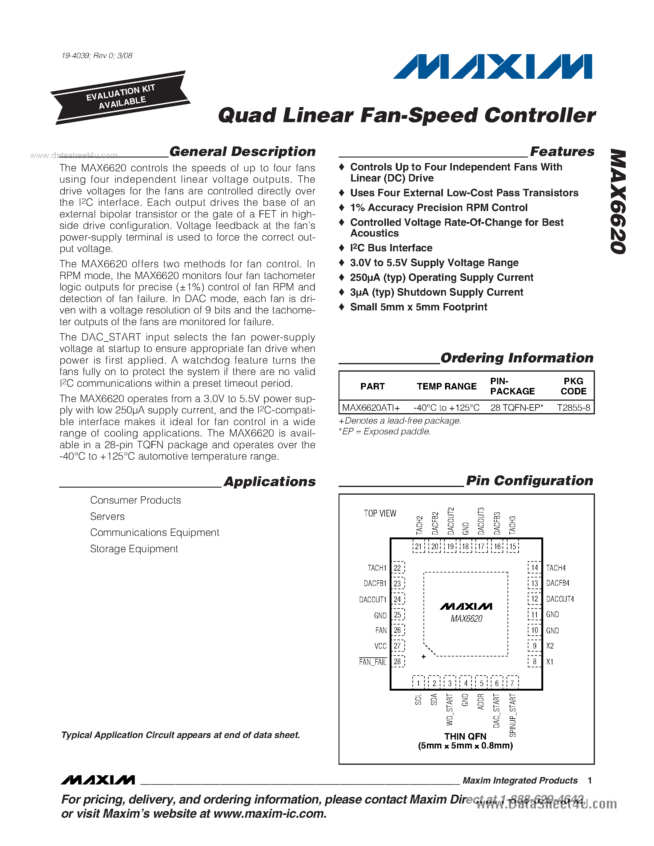 Datasheet MAX6620 - Quad Linear Fan-Speed Controller page 1